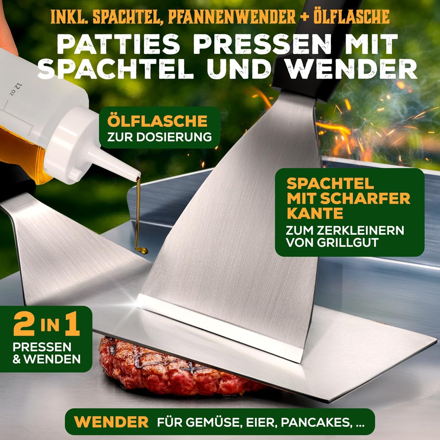Plancha Grill-Set mit Edelstahlplatte und Zubehör