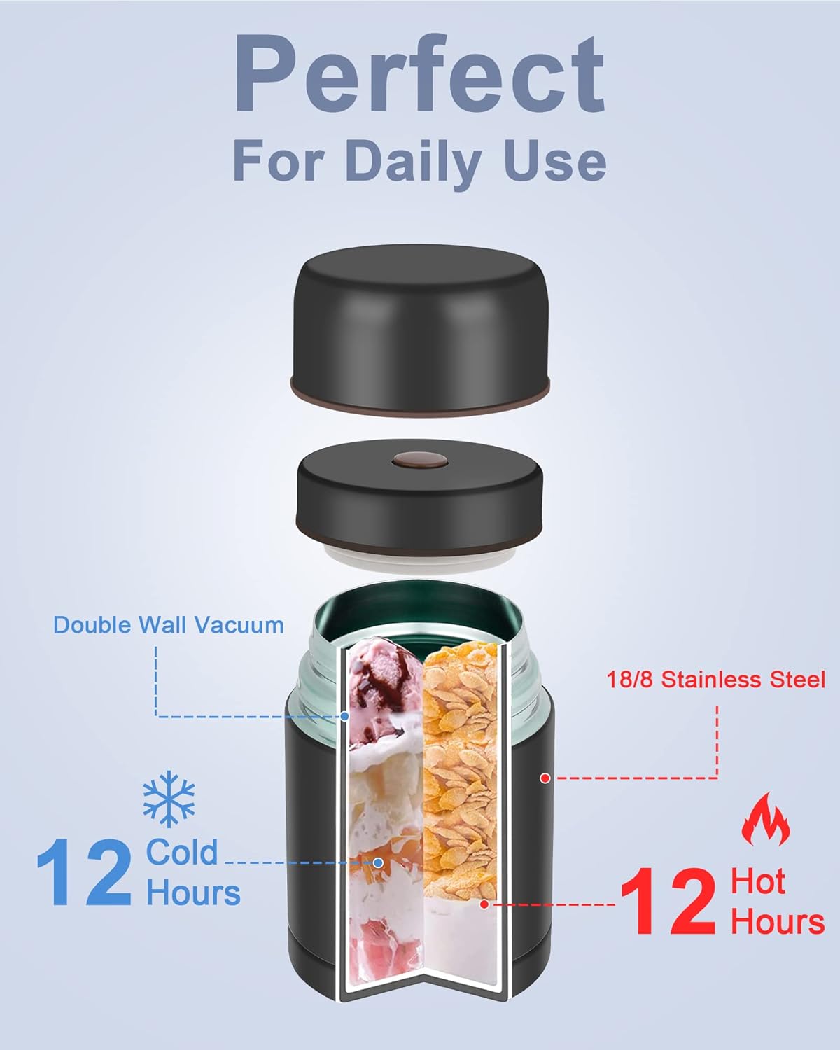 Thermobehälter mit Löffel, Schwarz-800ml