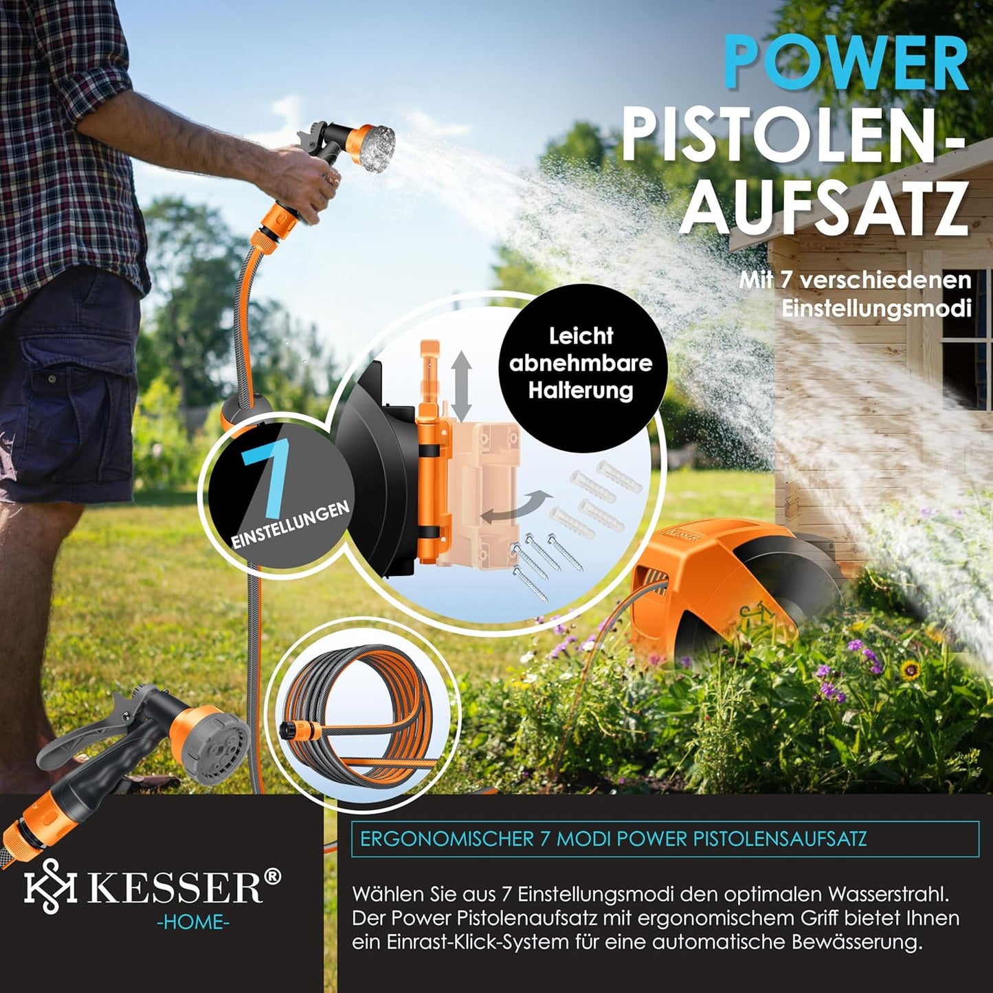 Schlauchtrommel mit 35m Gartenschlauch & Handbrause, Schwarz / Orange, 35m