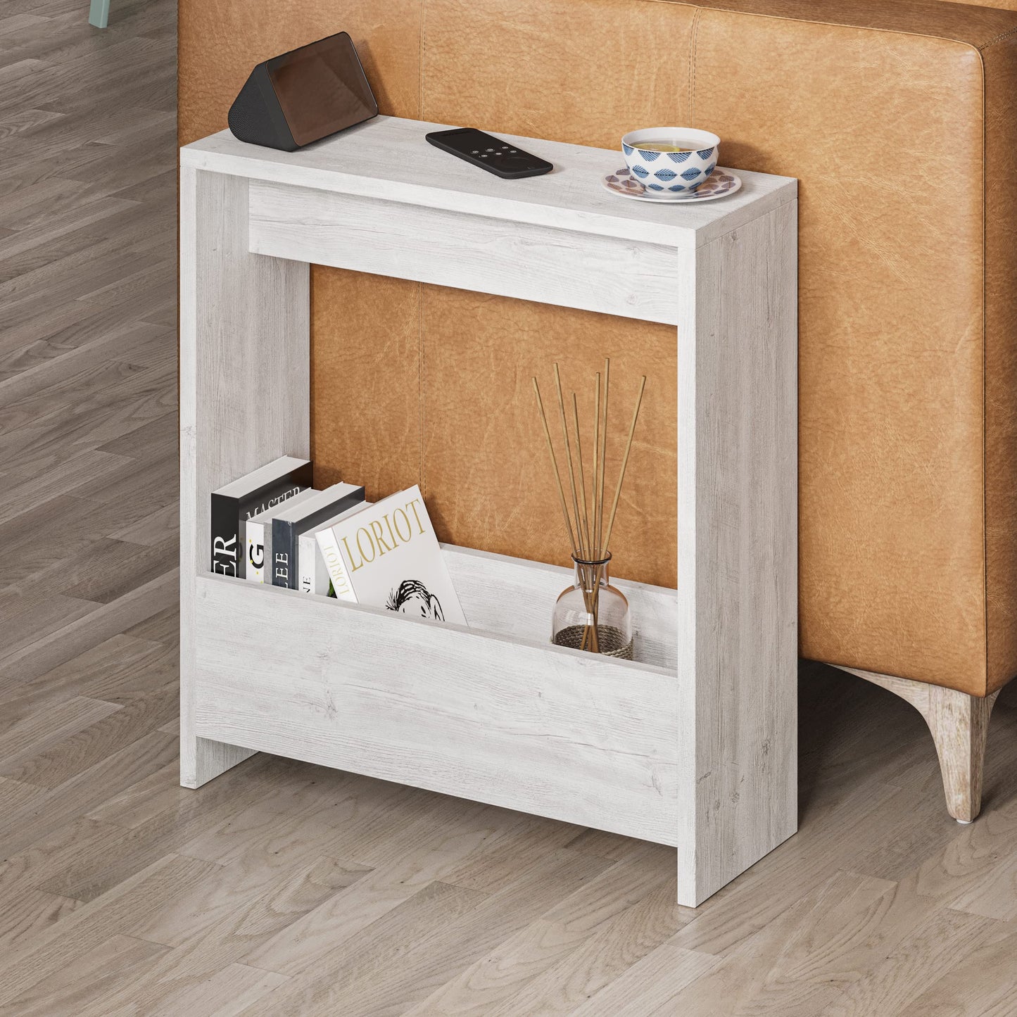 Beistelltisch mit Magazinhalter für kleine Räume, Ancient White