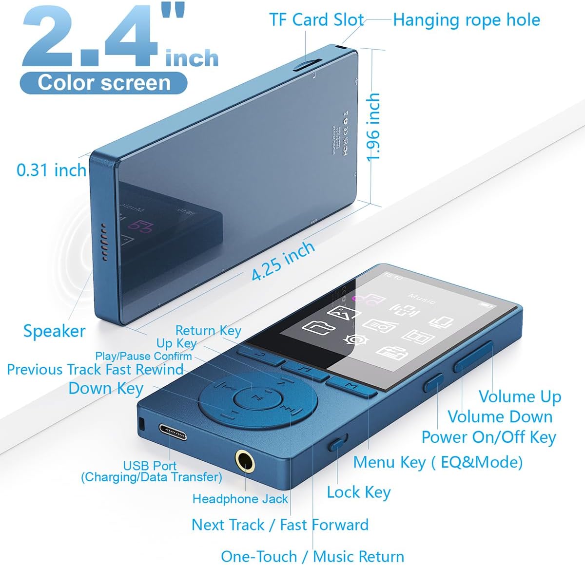 M6 MP3 Player mit Bluetooth und HiFi-Sound, Blau