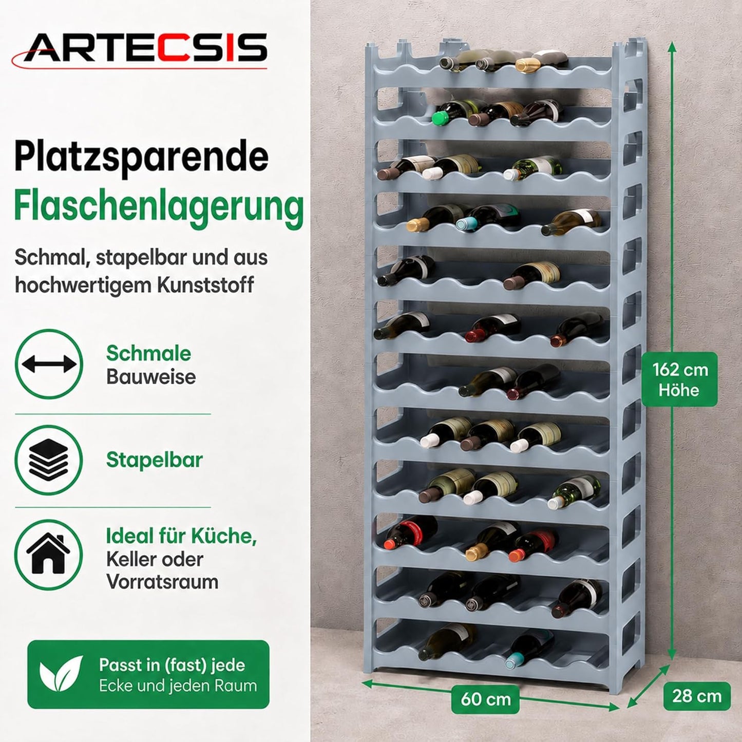 Stapelbares Weinregal, Betongrau 72 Flaschen