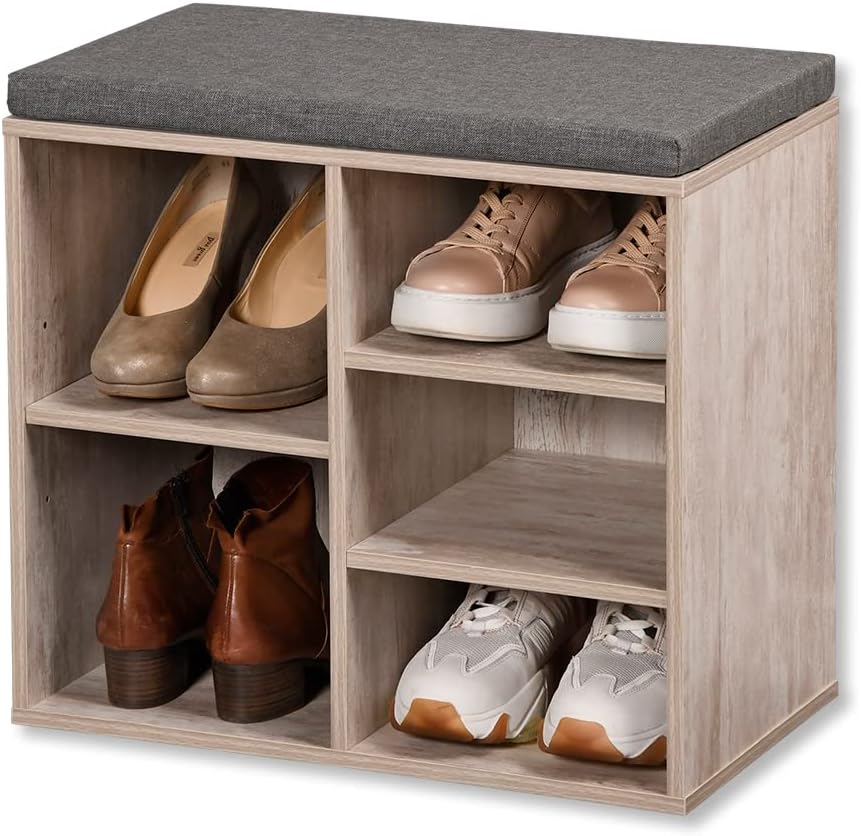 Schuhschrank mit Sitzkissen, Weiß, Grau 51,5 x 29,5 x 48 cm