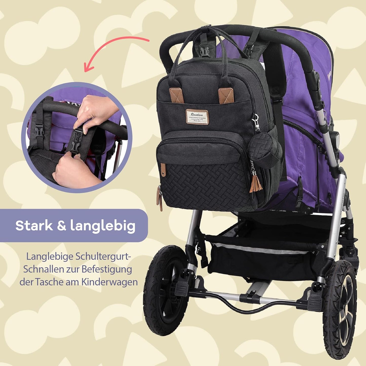 Baby Wickelrucksack mit Wickelauflage und Kinderwagengurten, Schwarz