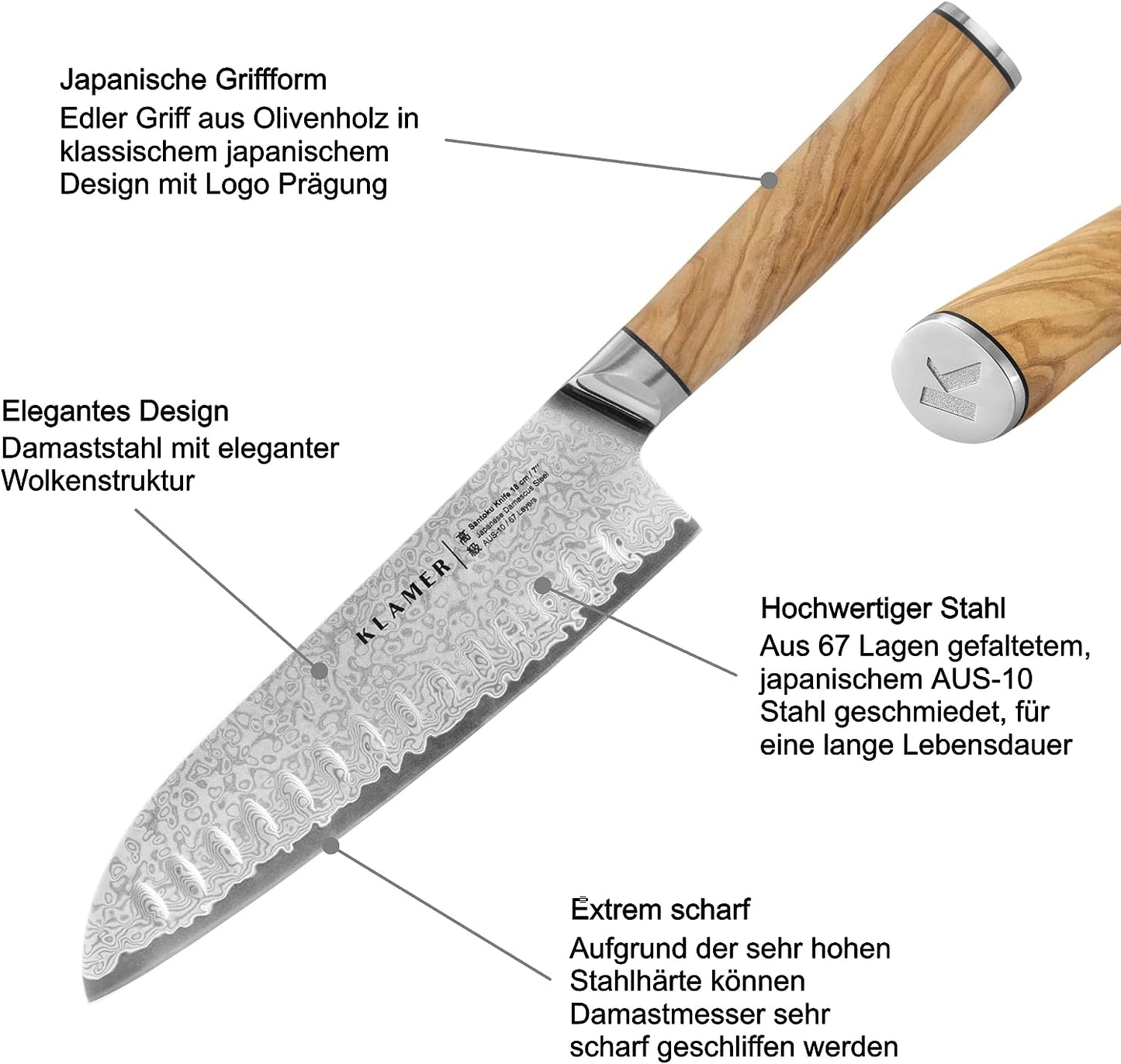 Premium Santoku, Premium Damastmesser Olivenholz, Santoku 18 cm