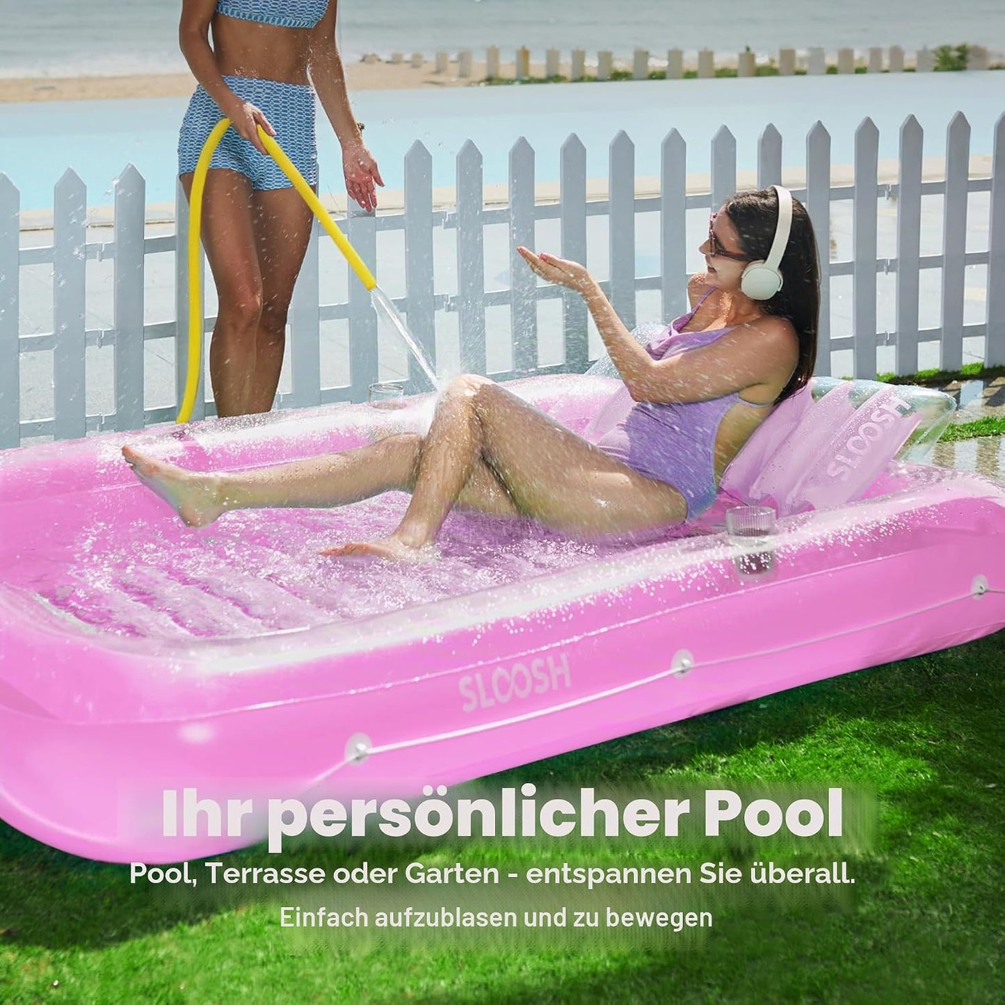 Aufblasbarer Sonnenpool mit abnehmbarem Kissen und Getränkehalter, Rosa-Weiss XL