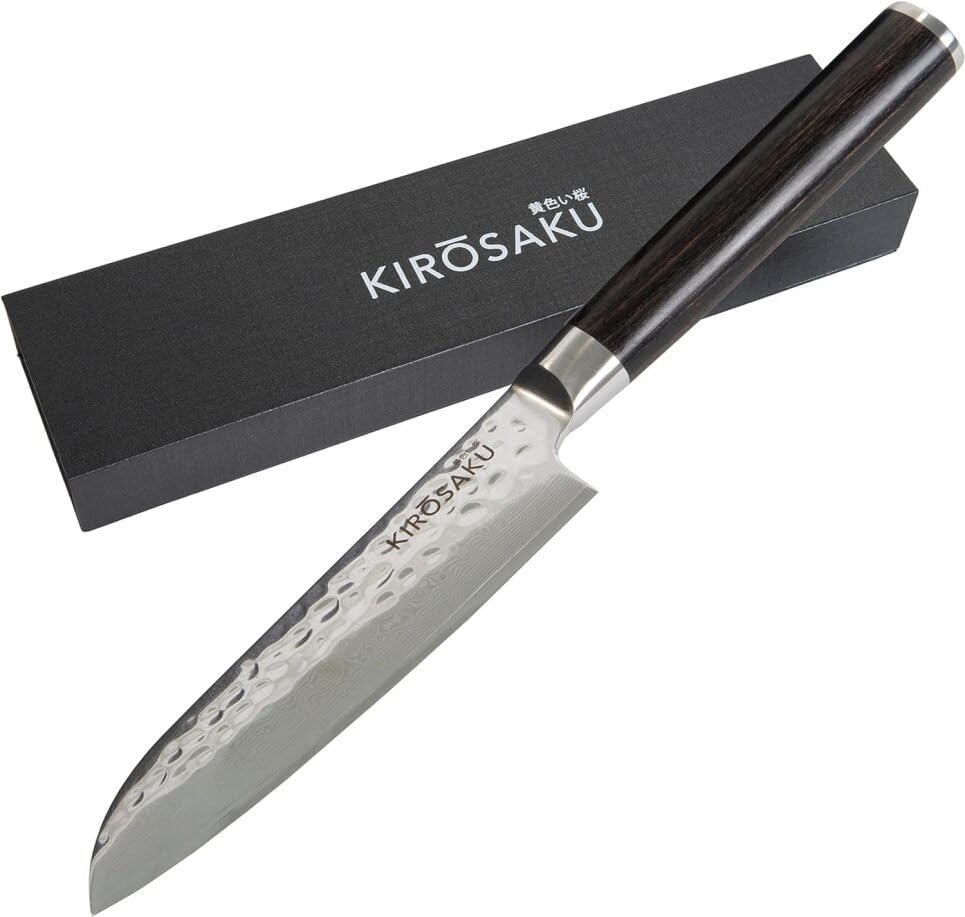 Damast-Santokumesser mit Pakkaholzgriff, Ii. Dunkelbraun 13 cm