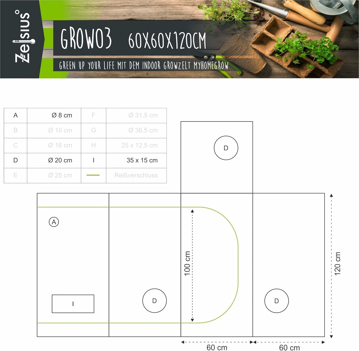 Growzelt MyHomeGrow (60 x 60 x 120 cm), Grau, 60 x 60 x 120 cm