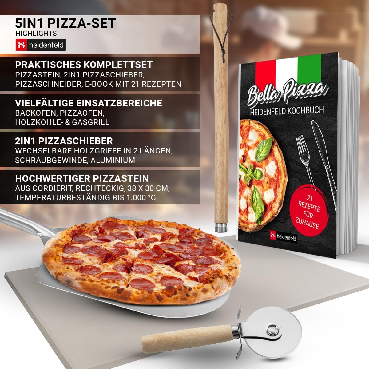 5in1 Pizza-Set mit Pizzastein und Zubehör