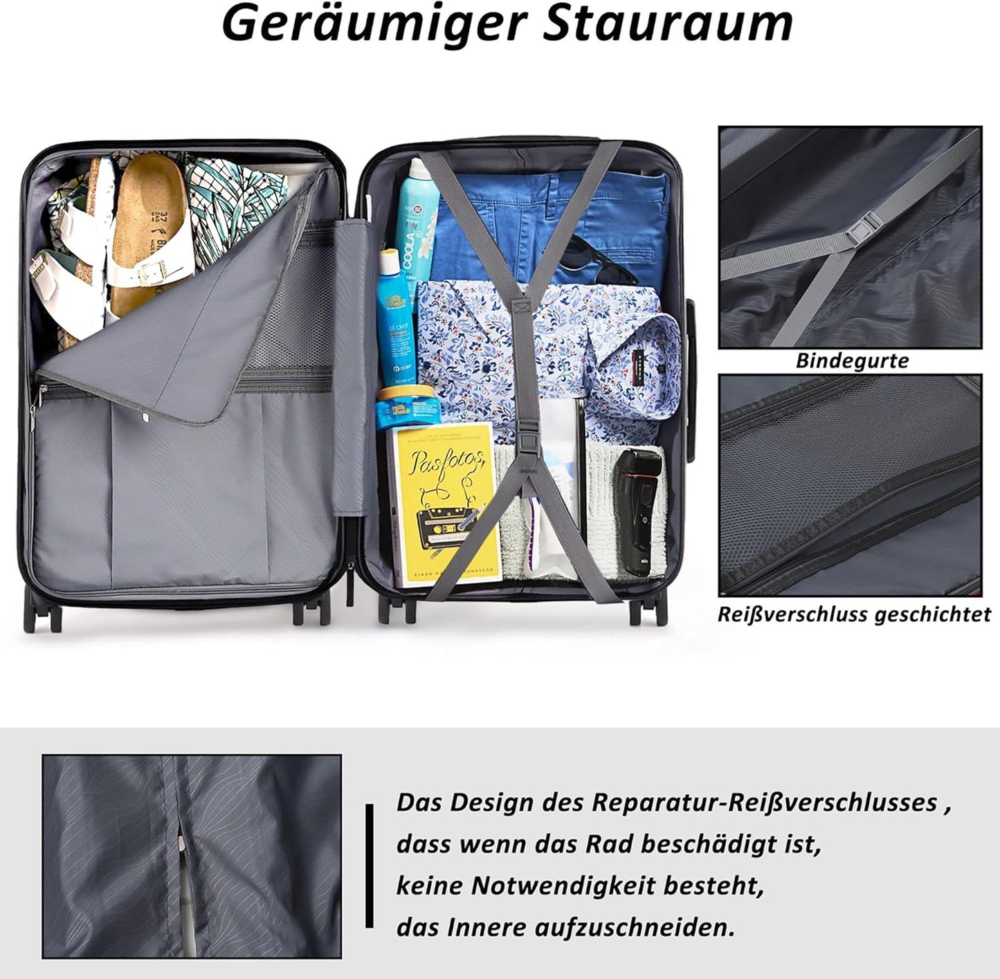 3-teiliges Hartschalen-Kofferset, Dunkelgrau Koffer Set(56/66/76 CM)