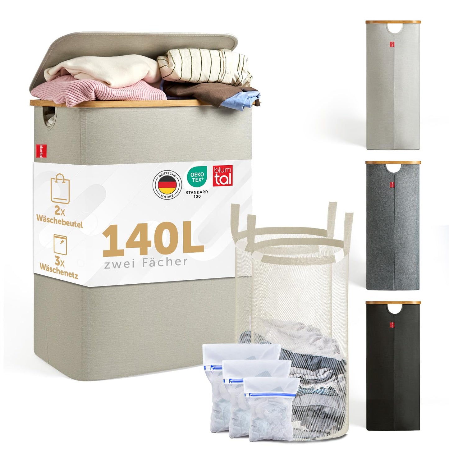 Wäschesammler mit 2 Wäschebeuteln und Wäschenetzen, Beige 140L