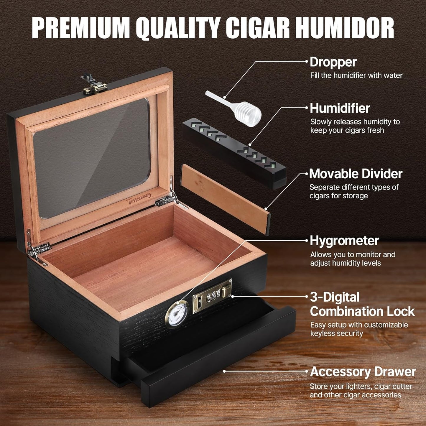 Zigarren-Humidor mit Glasdeckel und Zubehörschublade