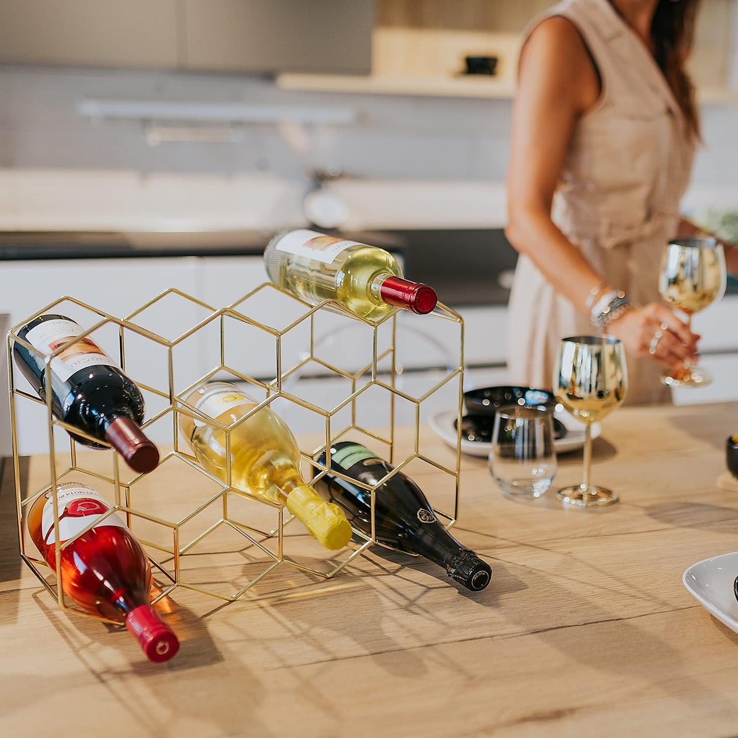 Modernes Weinregal für 14 Flaschen, Gold 14 Flaschen