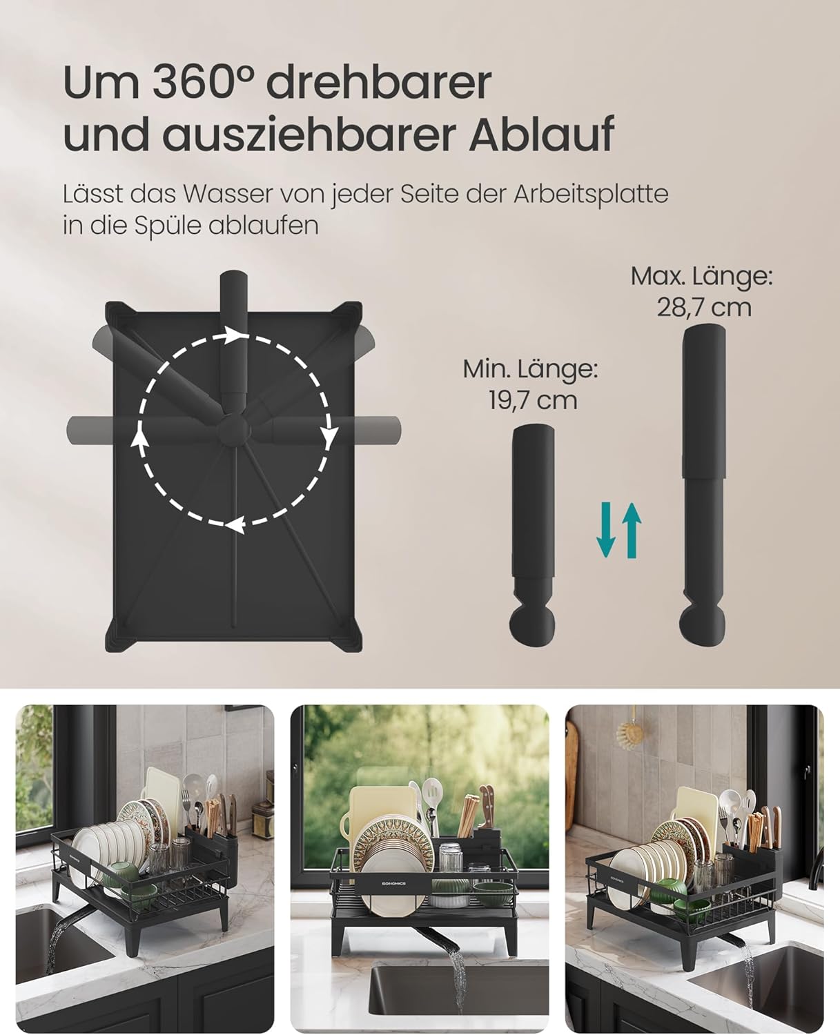 Abtropfgestell mit Besteckhalter und drehbarem Ablauf, Tintenschwarz 1 Stufiger