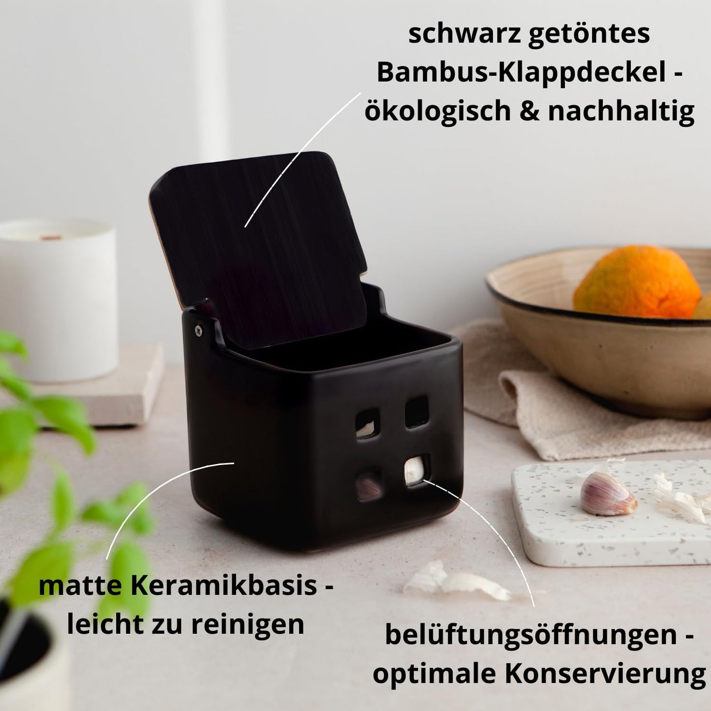 Keramik Knoblauch-Aufbewahrungsdose mit Belüftungslöchern, Knoblauch Dose Alles Schwarz