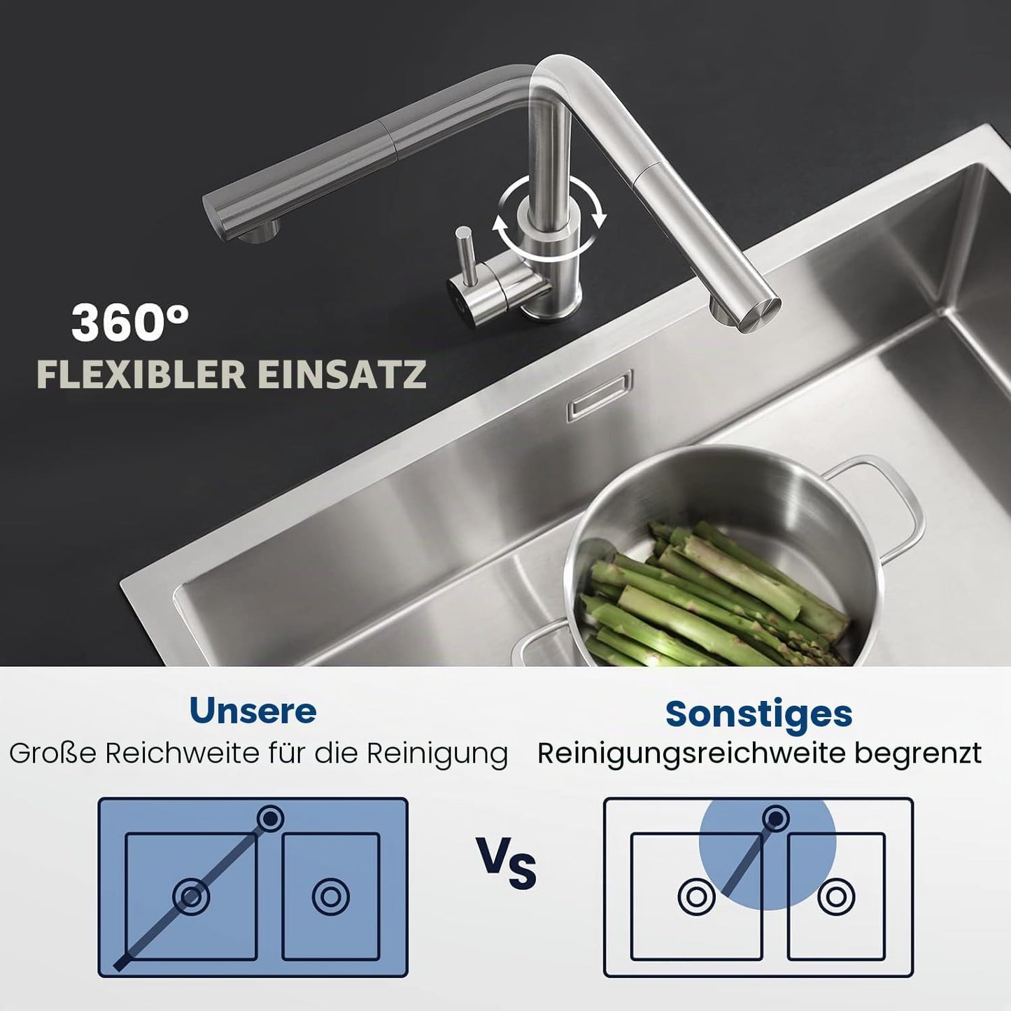 Küchenarmatur mit ausziehbarer Brause, 360° drehbar, Rostfreier Stahl, Gebürstet