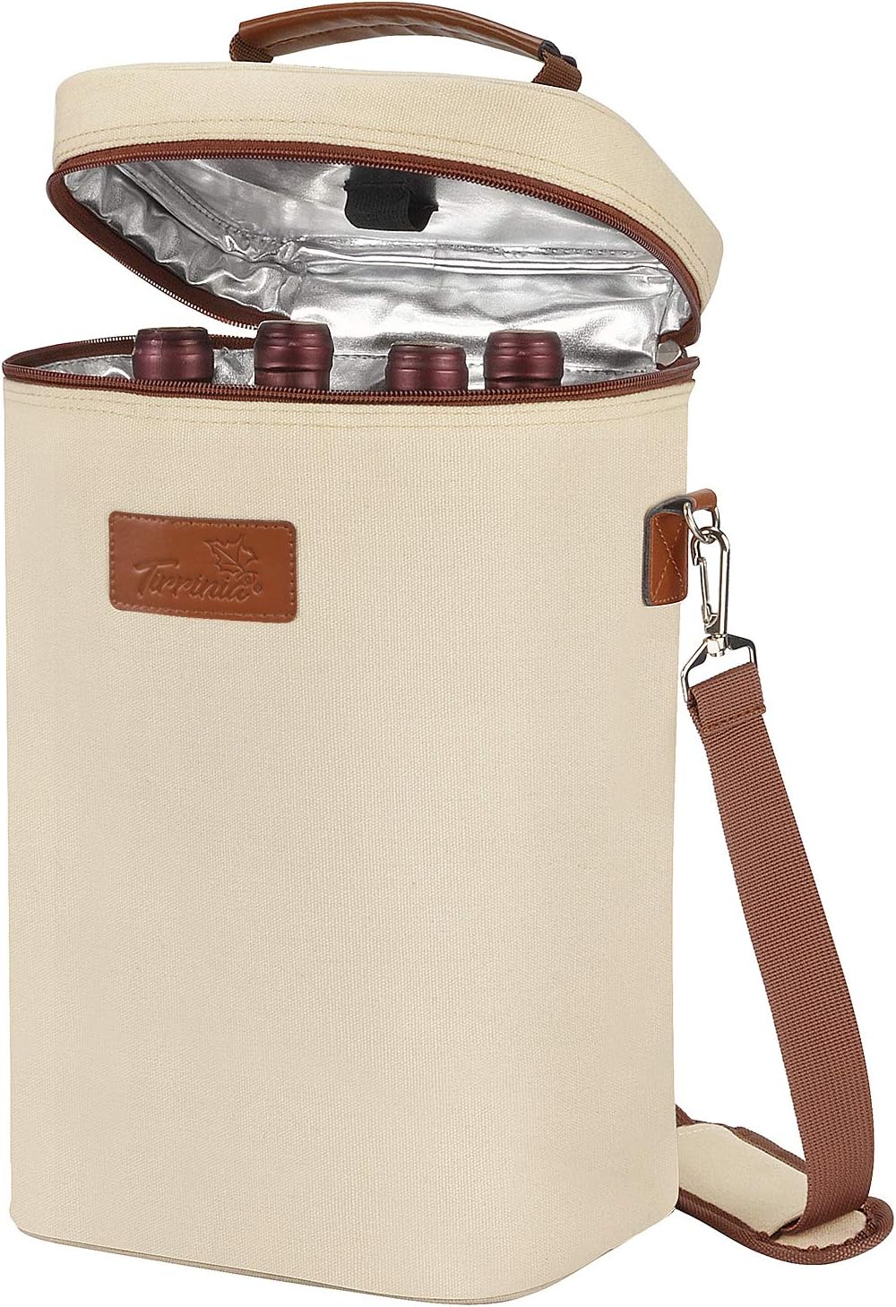 Weinkühltasche mit verstellbarem Schultergurt, Kühltasche 4 Flaschen - Beige