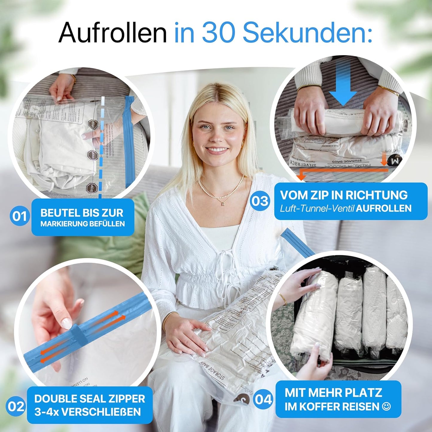 8-teiliges Vakuumbeutel-Set für Kleidung, 8x Beutel - (8xL (40x60 cm) zum Aufrollen)