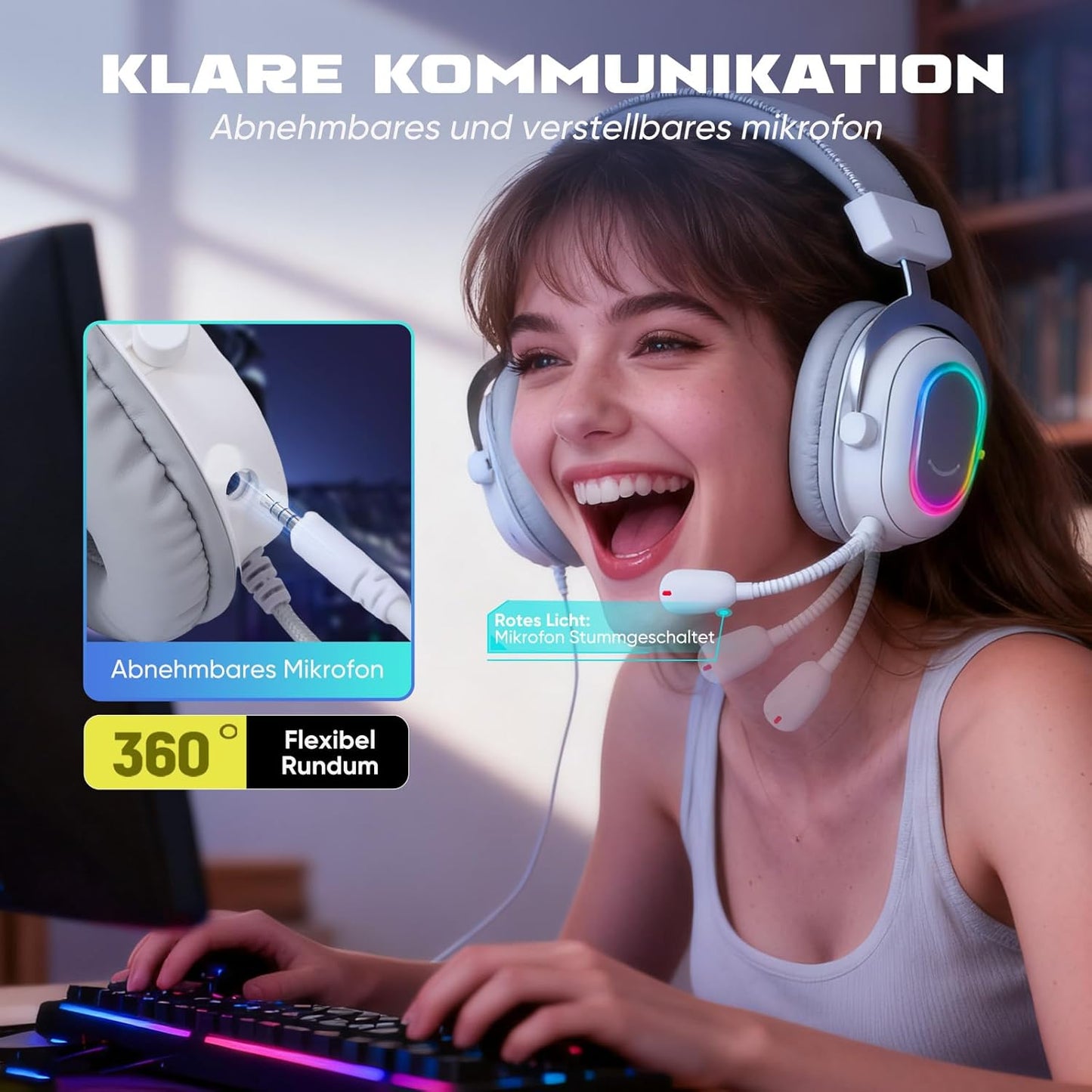 Gaming Headset mit Mikrofon, Surround Sound, USB, Weiss