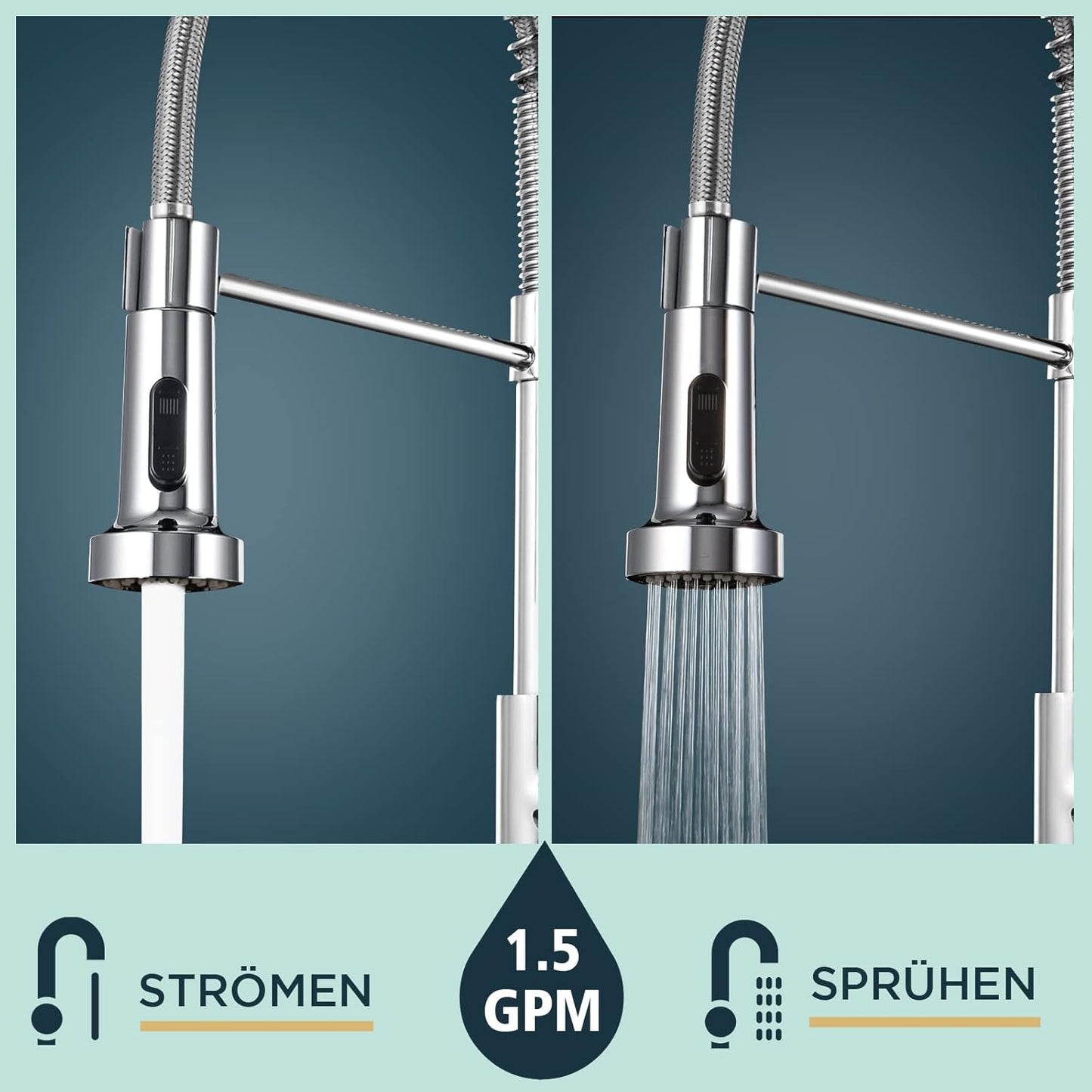 Küchenarmatur mit hohem Bogen und Brause, Polierter Chrom Standard