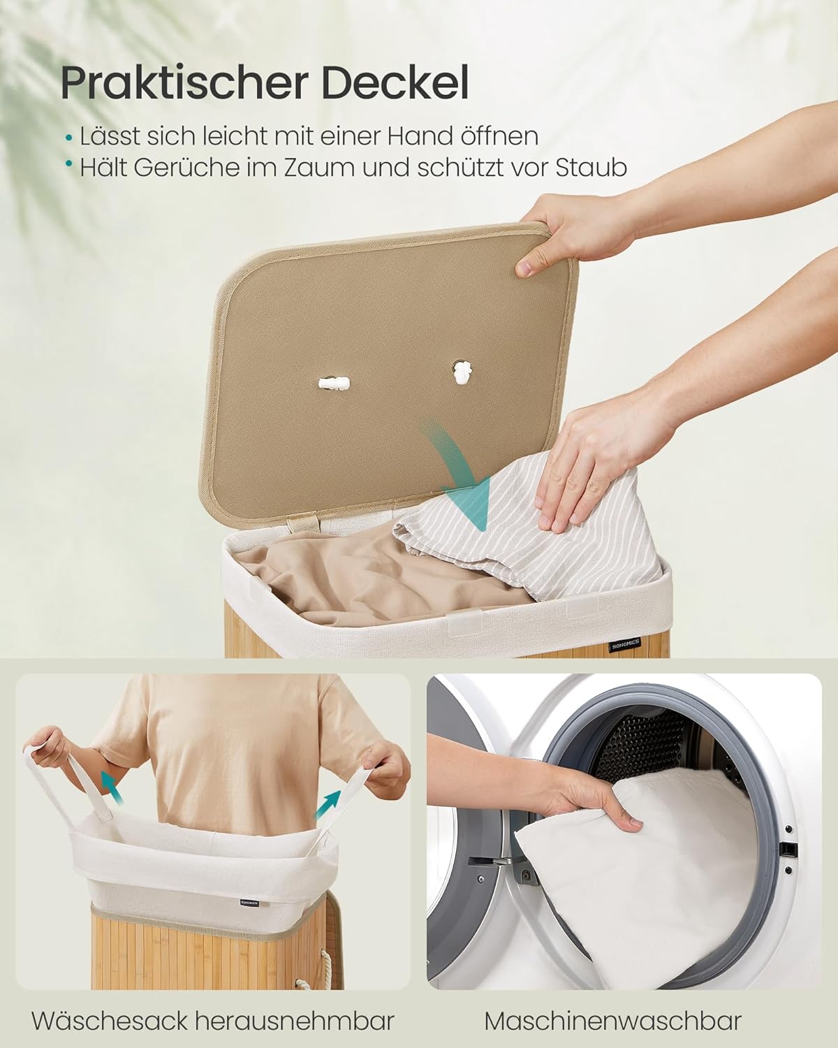 Wäschekorb mit Deckel, 72 Liter, 72 L Naturfarben