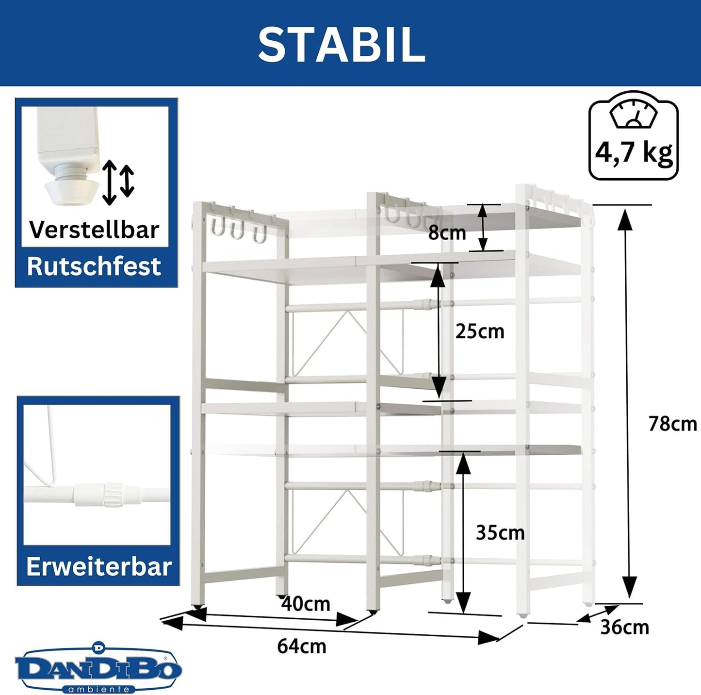 Verstellbares Küchenregal 3-stufig, Weiss 3 Stufig / Höhe 78 cm