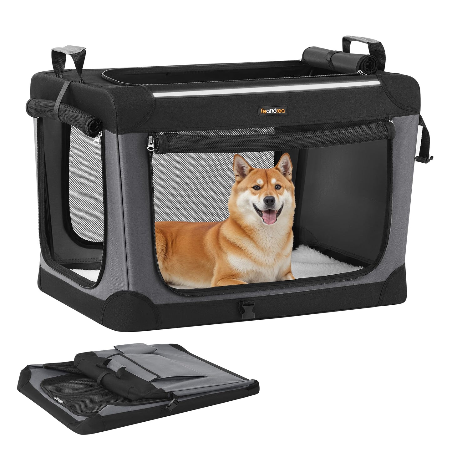 Faltbare Hundetransportbox mit 4 Türen und Taschen, PDC017B01, L 76 x B 53 x H 53 cm