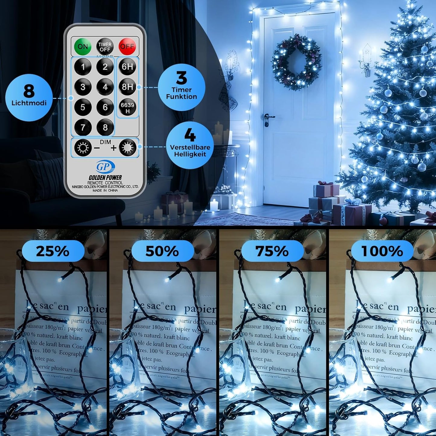 LED-Weihnachtsbaum-Lichterkette mit Fernbedienung, 25M Weiss