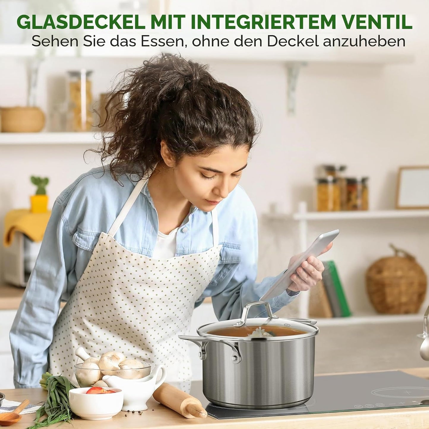 Grosser Edelstahl-Suppentopf (5L, inkl. Glasdeckel), 6 Liter Silber