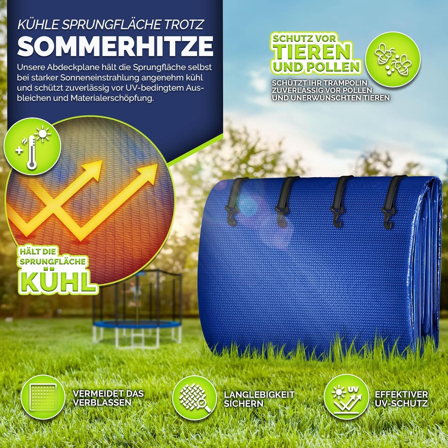 Trampolin Abdeckung, wetterfest, reissfest & UV-beständig, 427 cm Blau