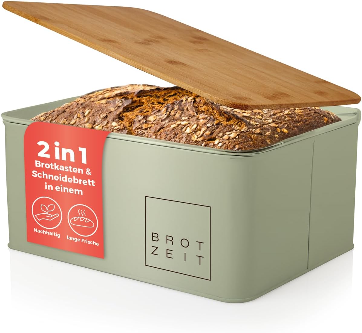 Brotkasten 30 x 23 x 14 cm Metall, Holzdeckel, Bambus, Mintgrün