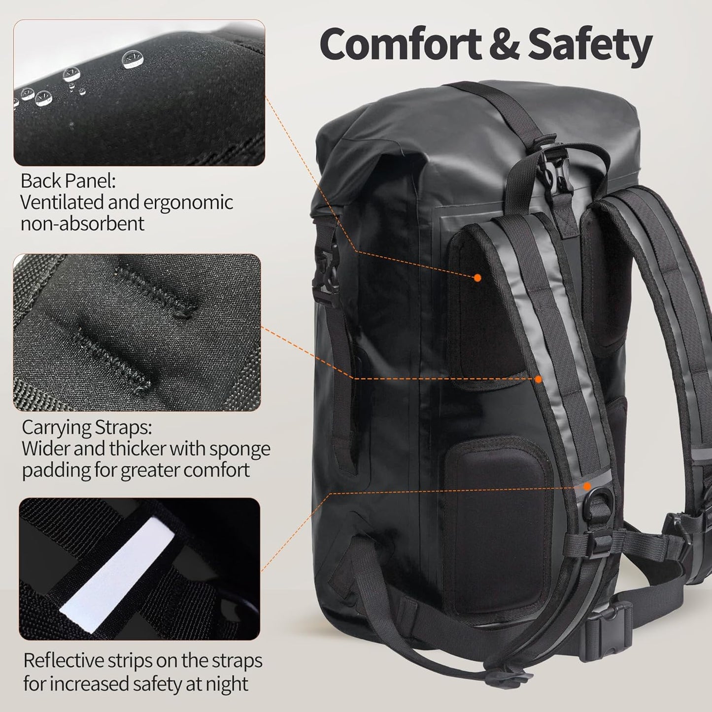 Wasserdichter Rolltop-Rucksack, 55 Liter, Schwarz 55L