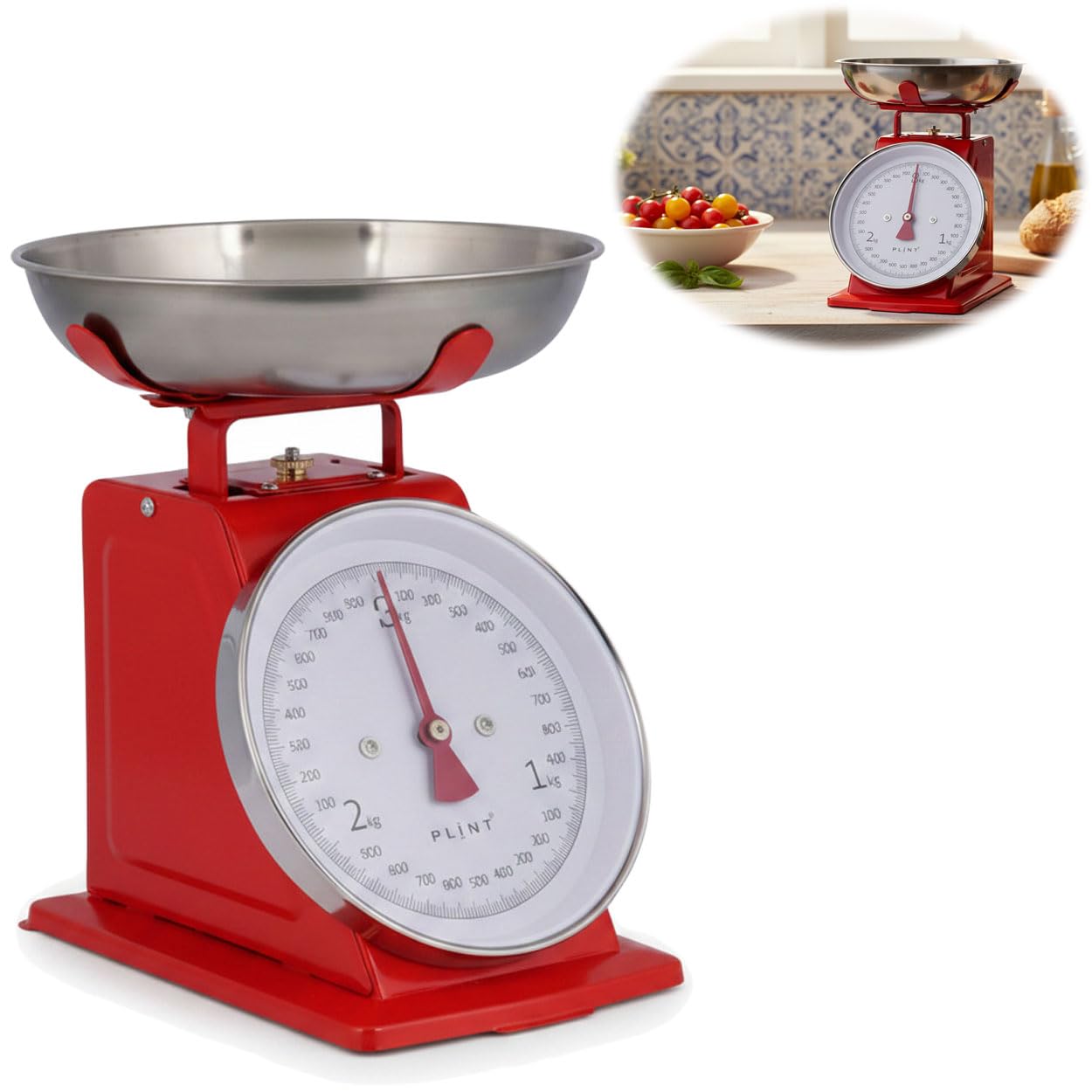 Vintage Küchenwaage mit Edelstahl-Schüssel (1L), Rot