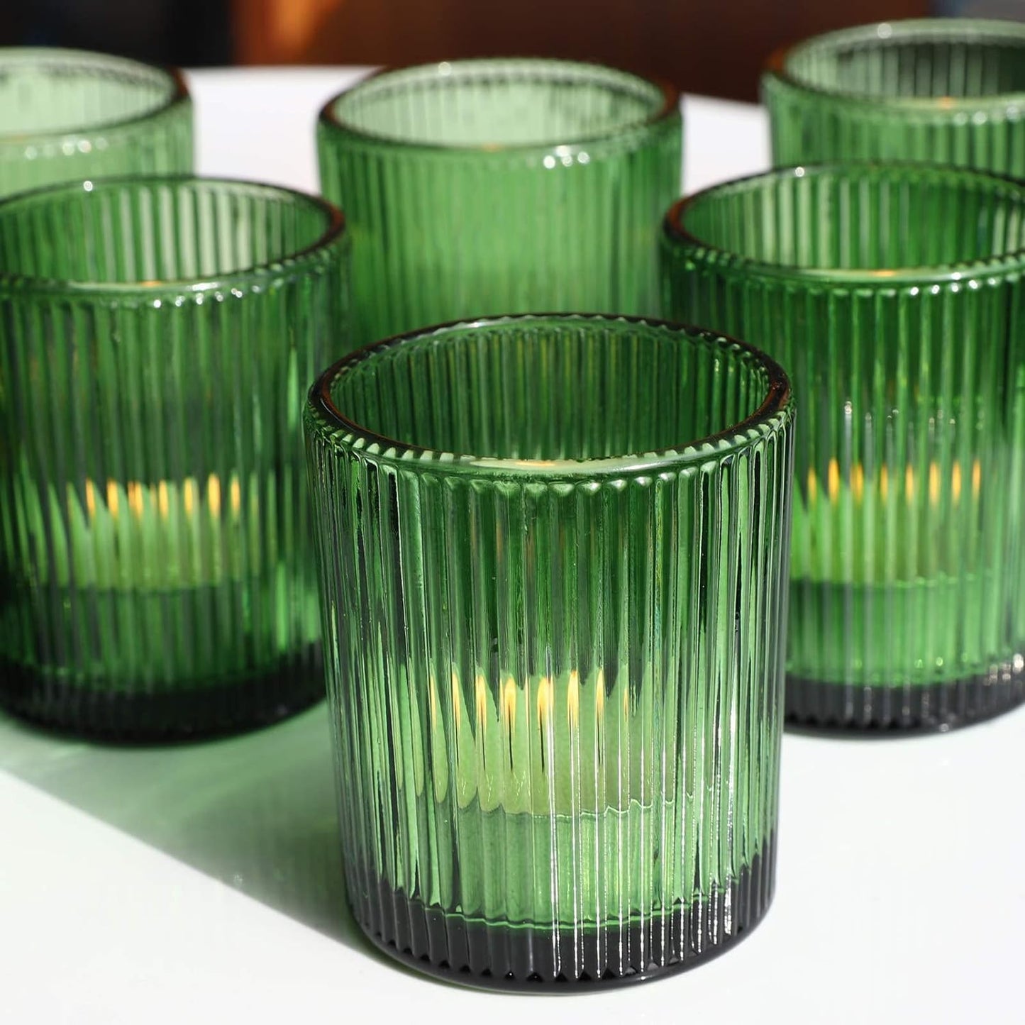Teelichthalter aus geripptem Glas (12 Stück), Grün