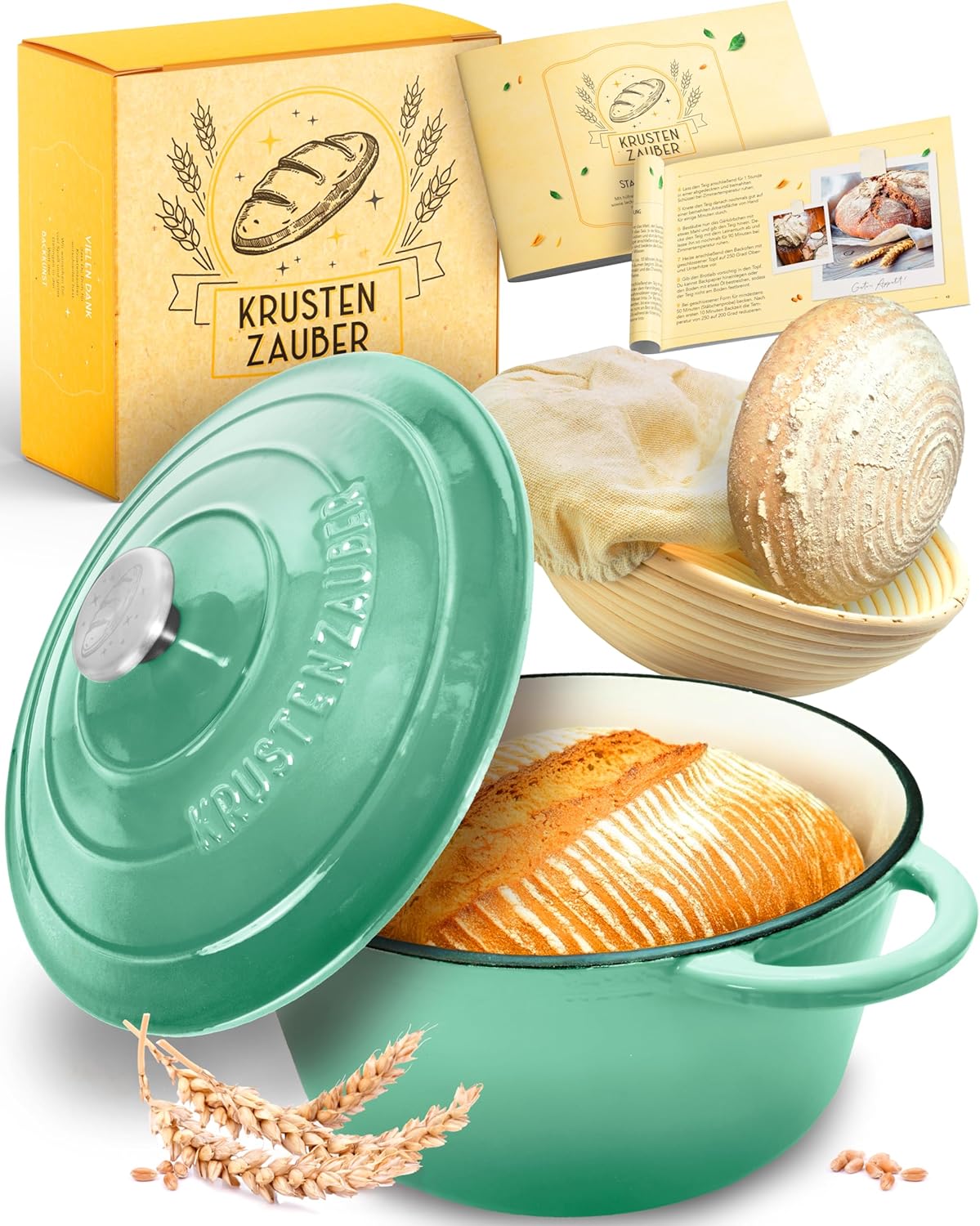 Gusseisen-Topf zum Brotbacken mit Gärkorb, Mintgrün Topf
