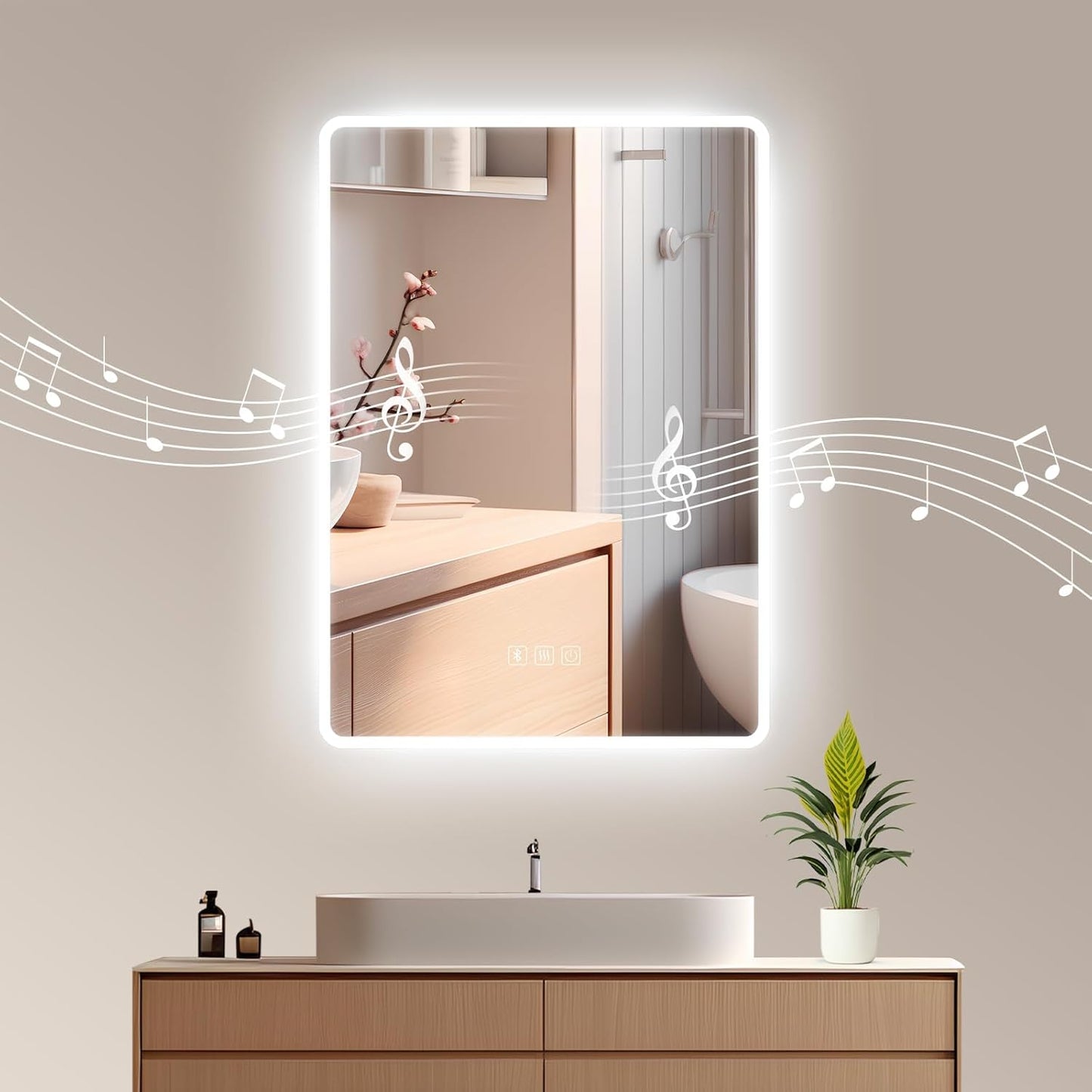 LED-Badspiegel mit Bluetooth und Antibeschlag-Funktion, 70L x 50B cm, Mattierter Abgerundeter Winkel - mit Bluetooth