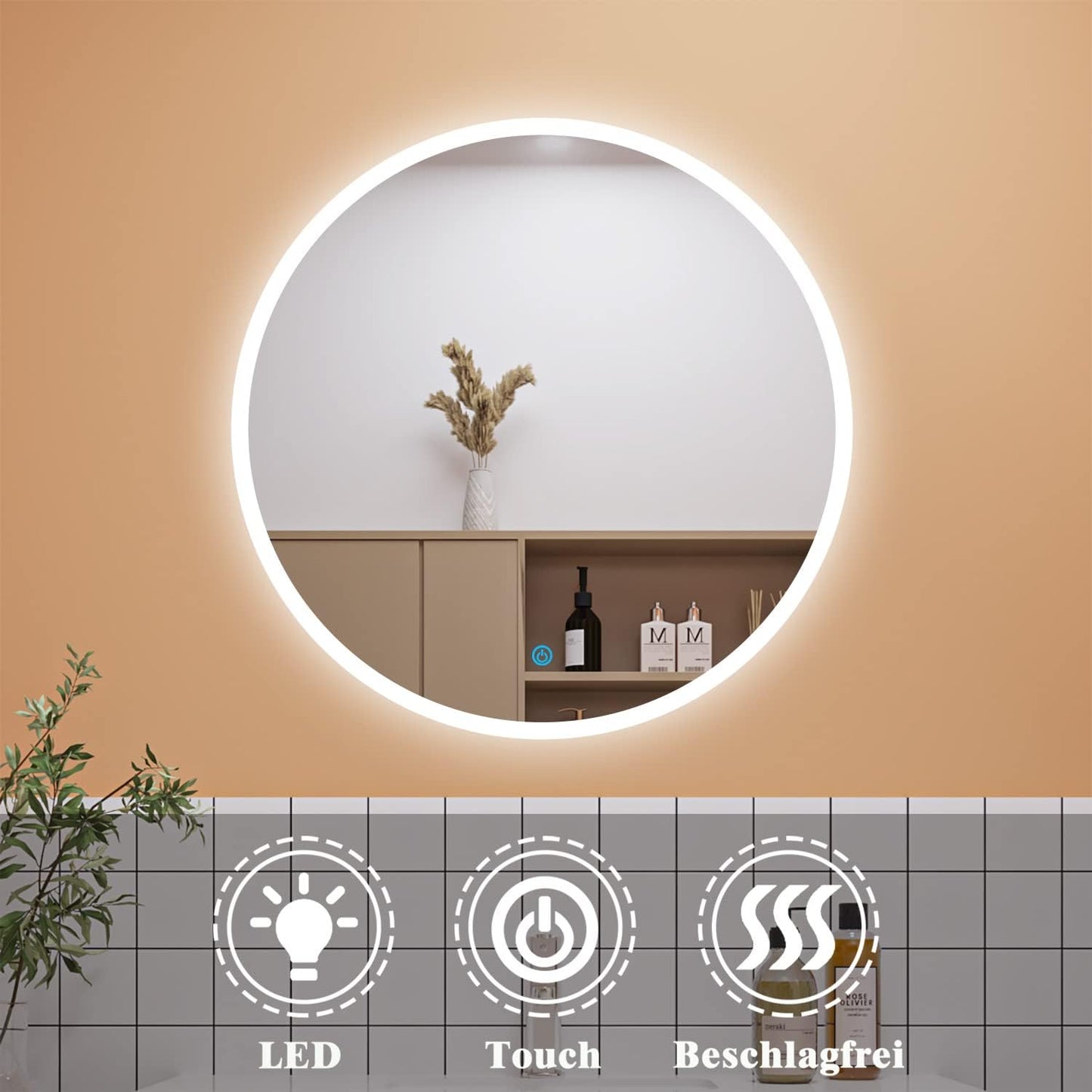 Runder LED-Badspiegel mit Touch und Anti-Beschlag, 80 cm, Rund 80cm Touch+Beschlagfrei Rund