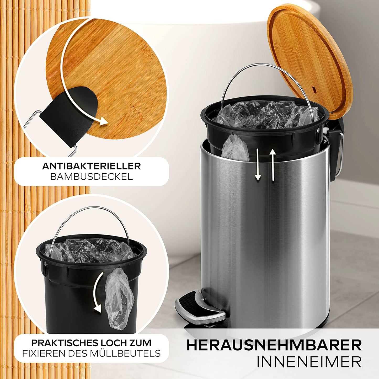 Kosmetikeimer mit Bambusdeckel, 5 Liter silber