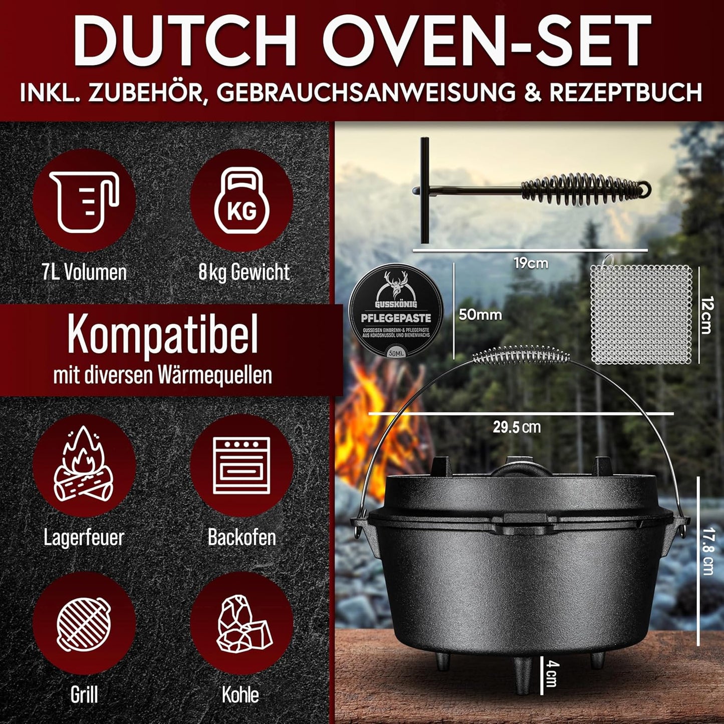 Dutch Oven Set, Topf mit Fuss+Bürste 7 Liter