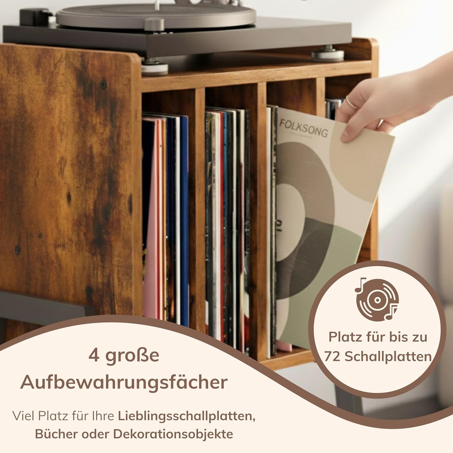 Plattenspielertisch mit 4 Fächern, Vintage Braun 40 x 30 x 66cm