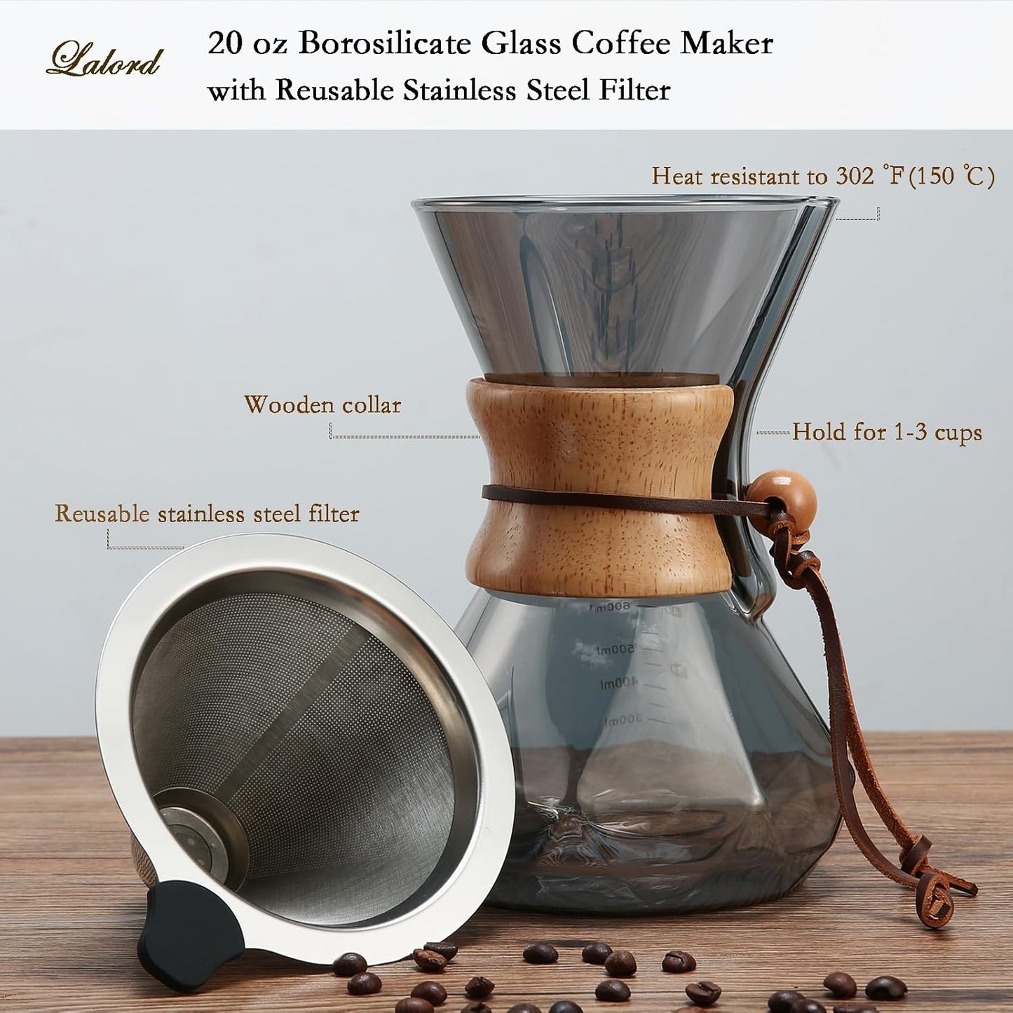 Pour Over Kaffeebereiter mit Edelstahlfilter 600 ml, 600 ml(Steel Filter, Gray)