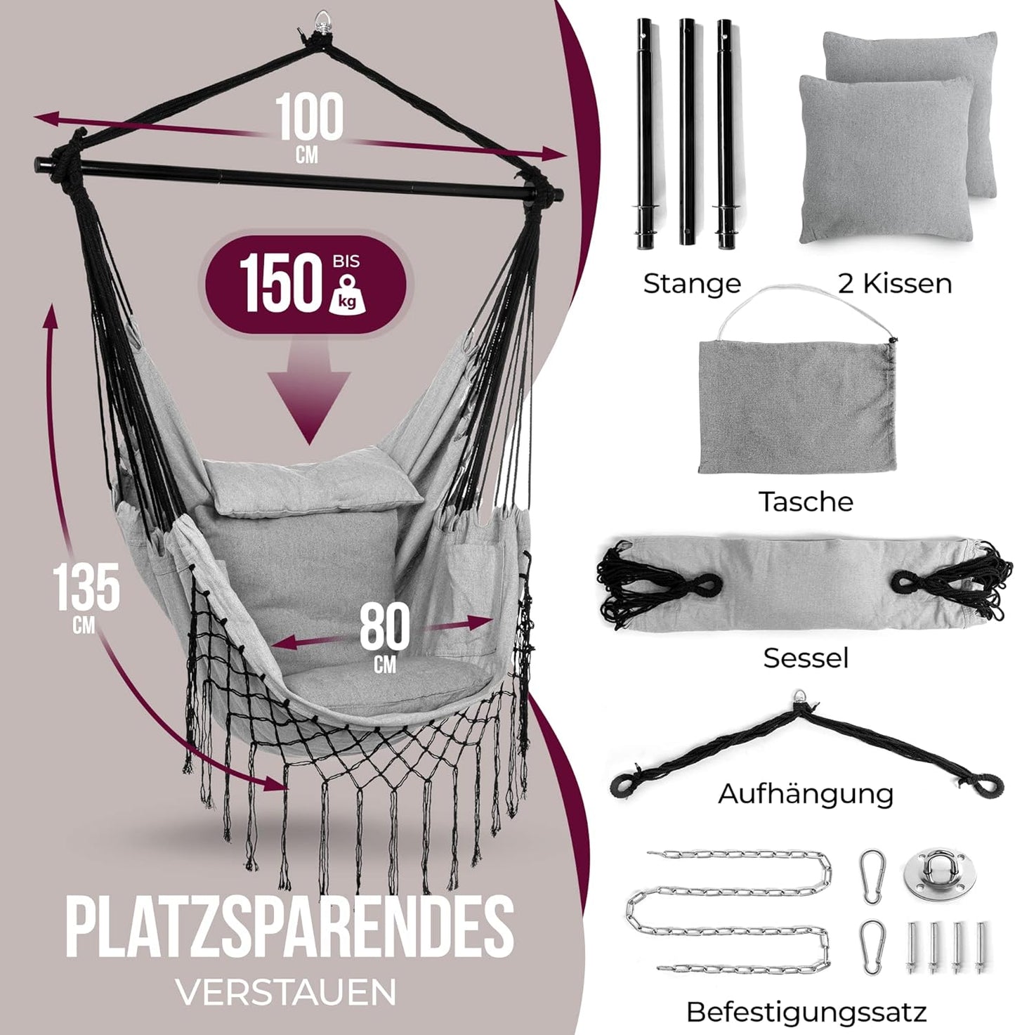 XXL Hängesessel für Indoor & Outdoor, Warmes Grau