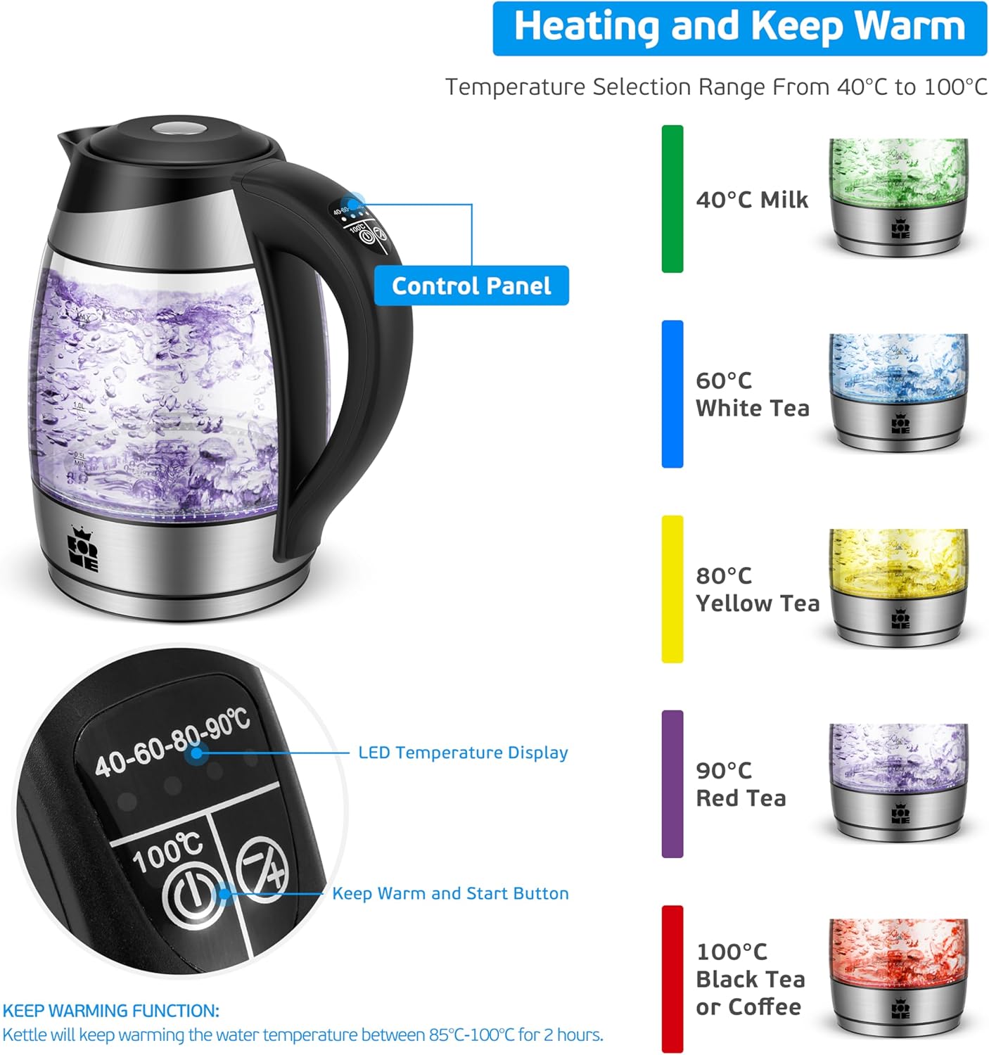 Wasserkocher mit Teesieb und Temperatureinstellung, Schwarz 458