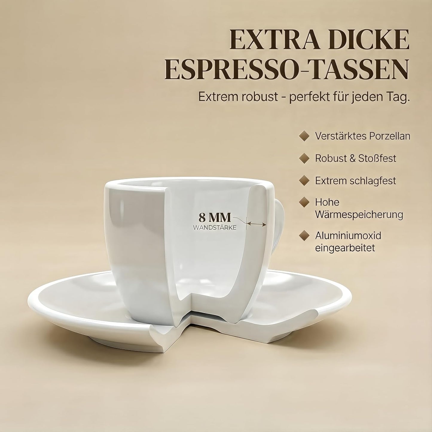 6er-Set Espressotassen mit Untertassen, Weiss 60 ml