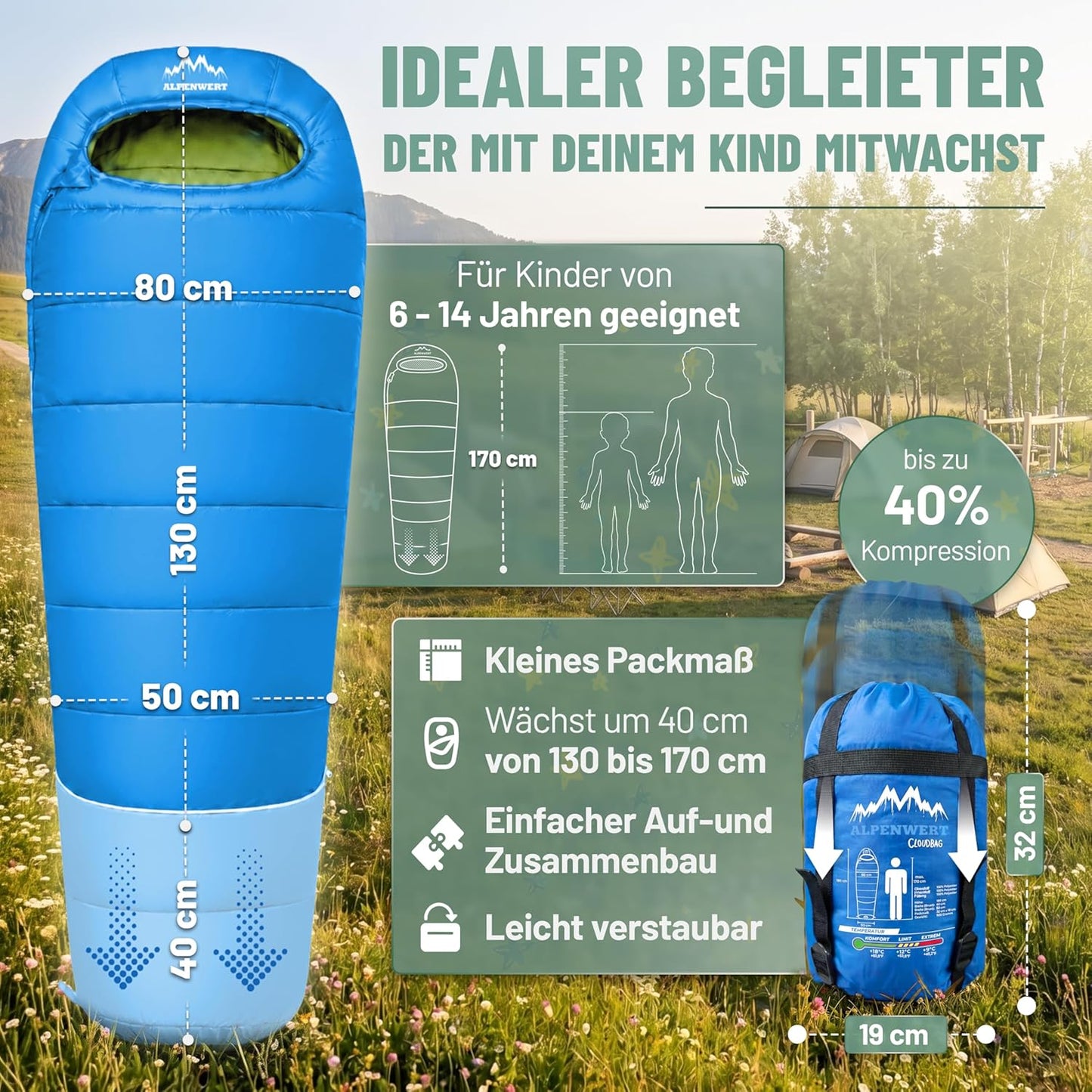 Mitwachsender Kinderschlafsack Sommer, Hellblau/Neongelb