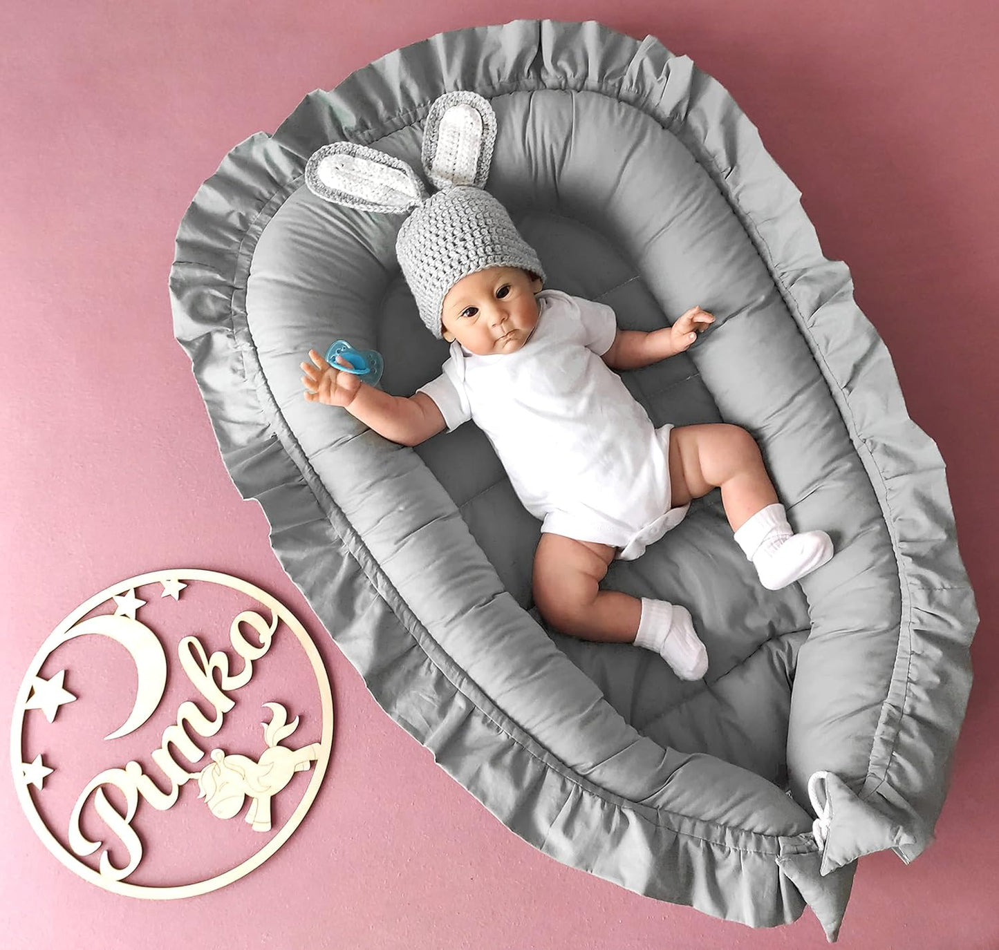 Babynest mit Rüschen für Neugeborene 100% Baumwolle, Grau