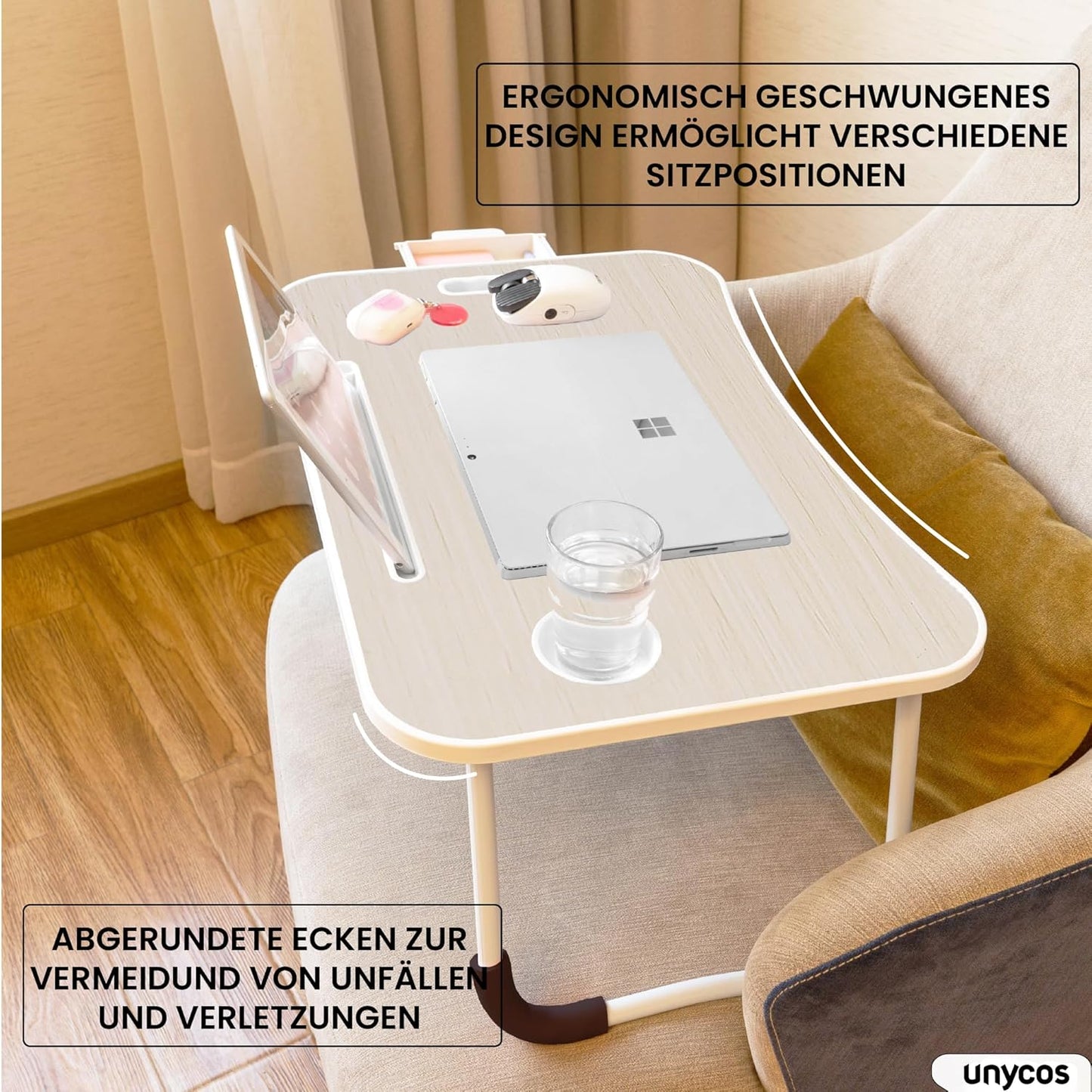 Klappbares Lapdesk mit Getränkehalter und Schublade, Mit schublade Knochenweiß mit Schublade