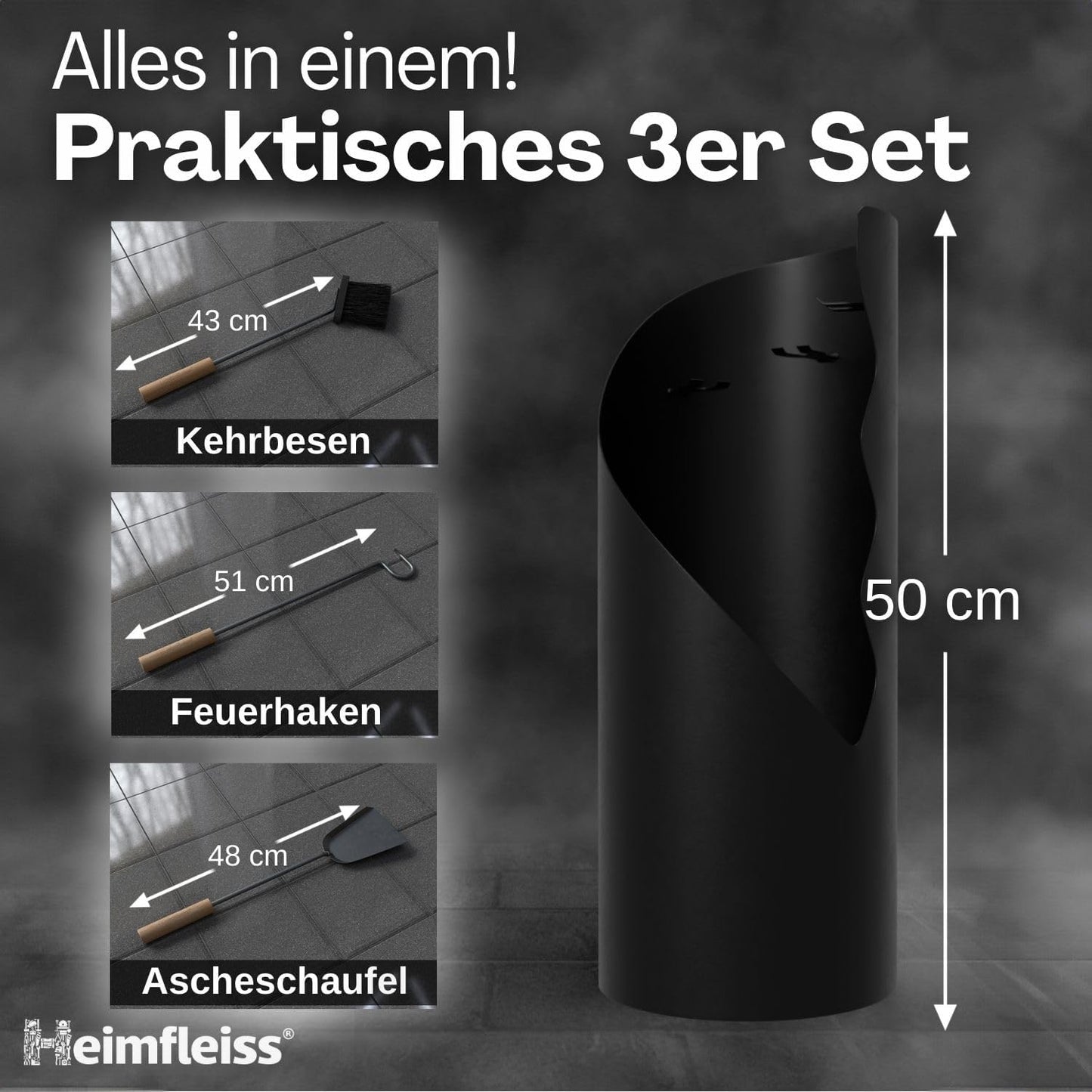 4-teiliges Kaminbesteck-Set, Schwarz mit Holzgriffen