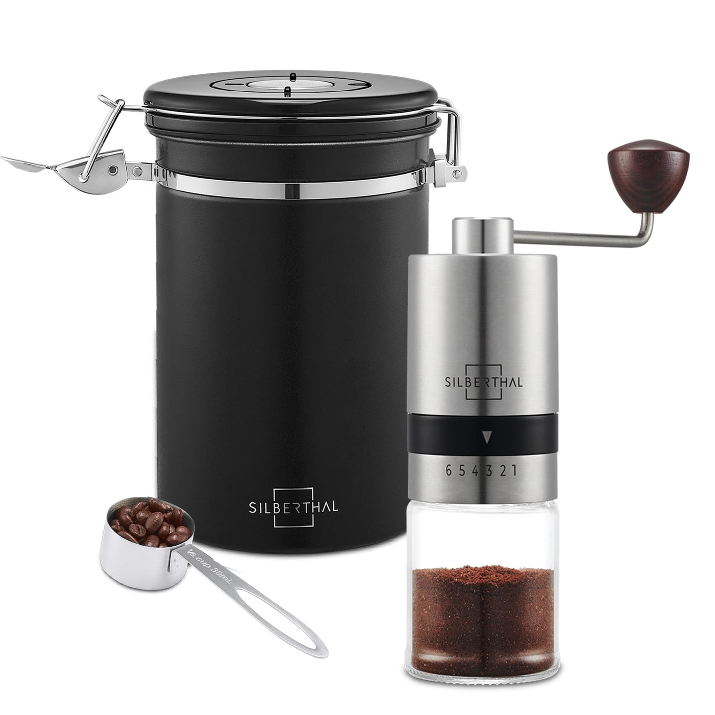 Handkaffeemühle Set mit Kaffeedose, Spar-set 2er Set | Kaffeemühle + Kaffeedose