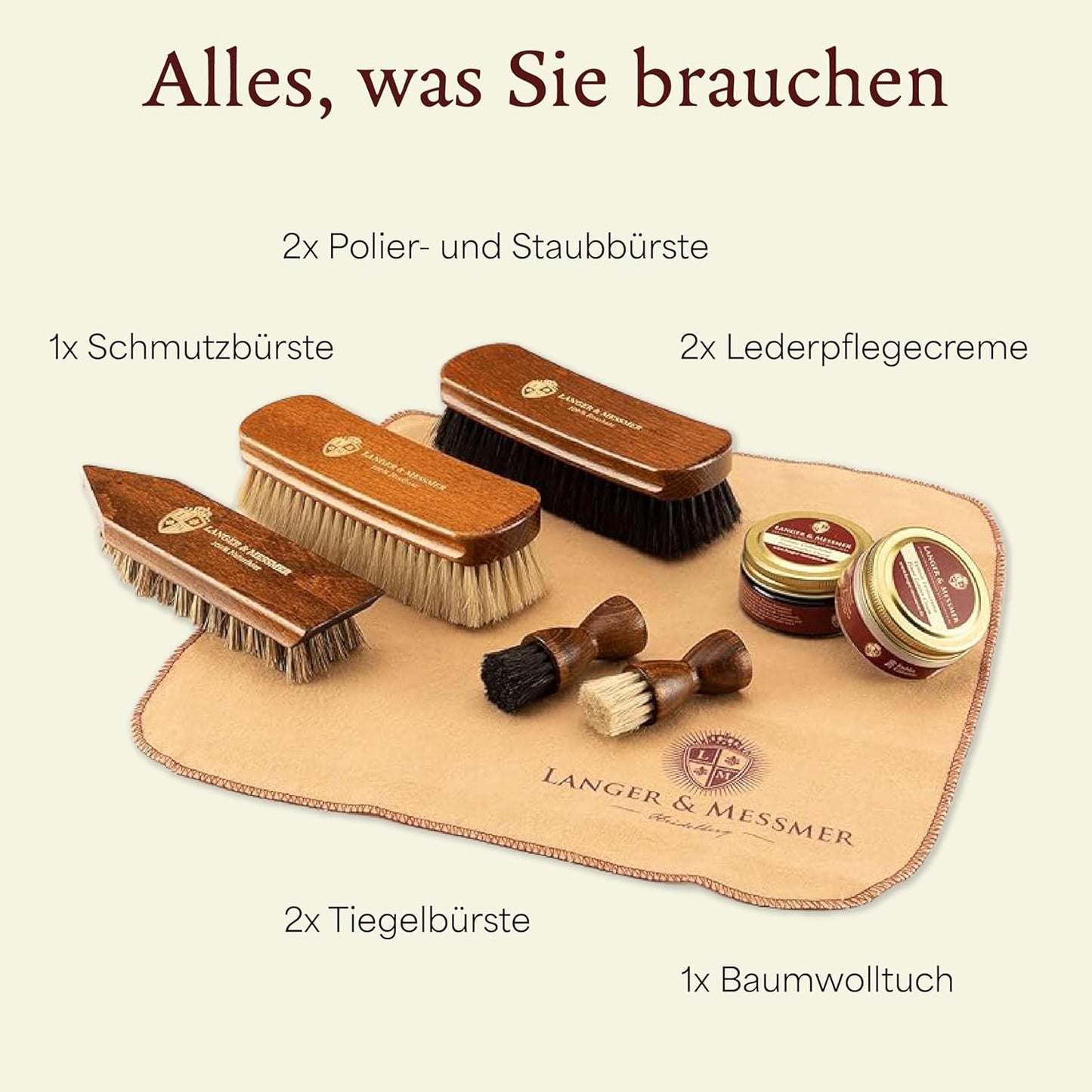 Schuhpflegeset mit Ledercremes & Rosshaarbürsten (8-teilig), 8 Teilig
